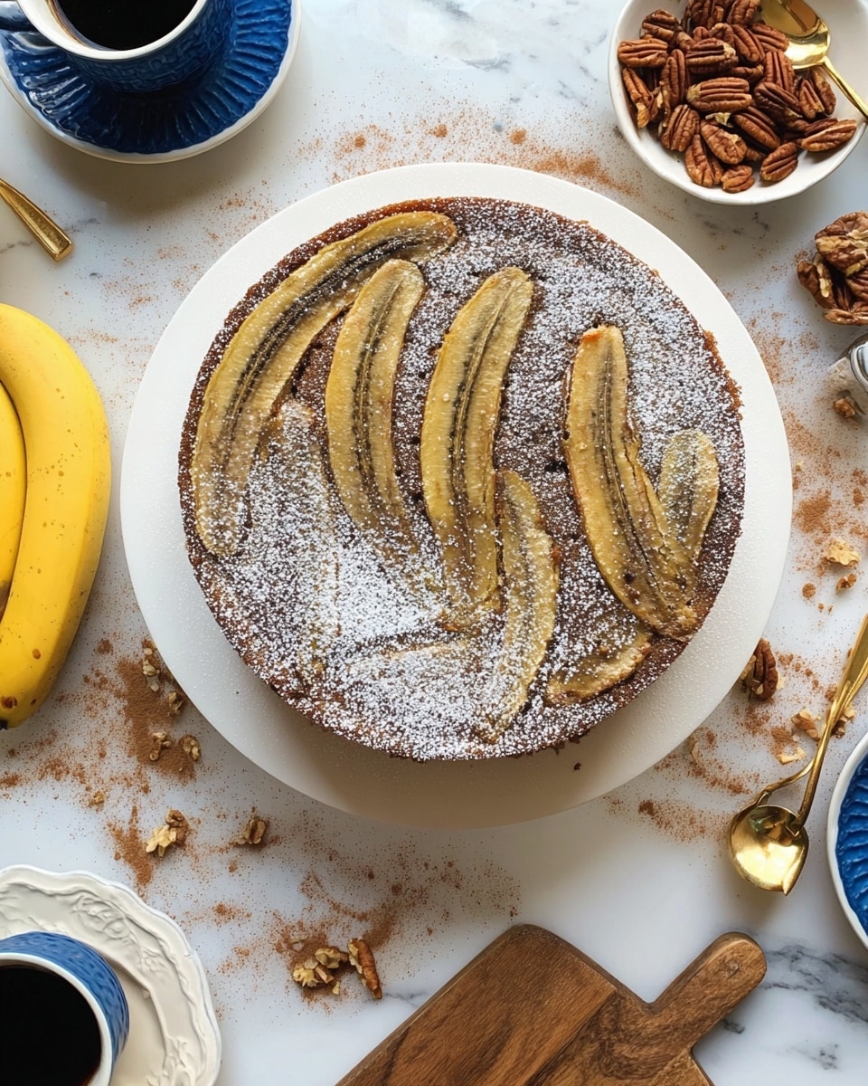 Two slices of brown cake topped with light brown banana slices and dusted with white powdered sugar sit on white plates with scalloped edges. Each slice shows three distinct layers: a light brown base, a darker middle, and a banana layer at the top. Next to each slice is a gold spoon resting on the plate. Around the plates on a white marbled surface, there is a light dusting of cocoa powder. Two white cups with blue patterned saucers hold black coffee, one placed near the top right and the other near the bottom center. A larger cake, partly visible on a white plate, also shows the banana topping and powdered sugar. photo taken with an iphone --ar 4:5 --v 7
