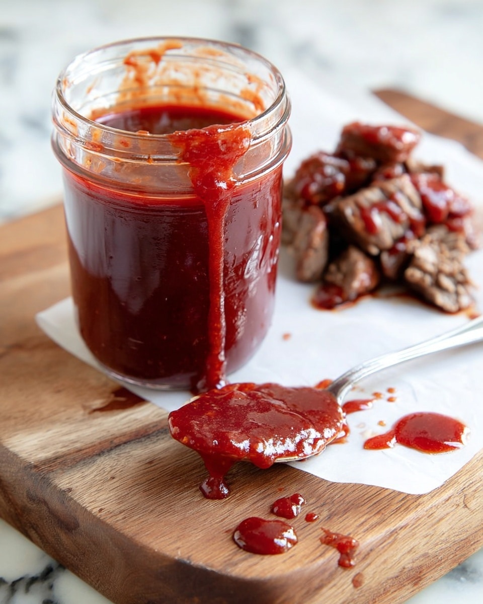 The image shows a clear glass jar filled with a thick, deep red sauce, with some sauce dripping down the side. In the foreground, a spoon lies on a wooden surface with some of the same red sauce on it, and there is a piece of white parchment paper with sauce smeared on it nearby. In the background, there is a small pile of cooked, chopped meat covered with some of the red sauce, all placed on the white parchment paper. The setting is on a wooden board with a white marbled texture around it. photo taken with an iphone --ar 4:5 --v 7