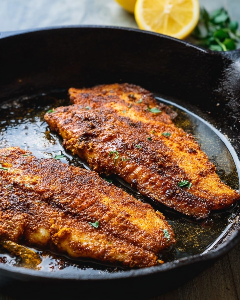 Two pieces of golden brown fried fish lie in a black cast iron pan. The fish have a crispy, textured surface with darker brown specks from the spices. A lemon slice and a sprig of green herb are blurred in the background on a white marbled surface. The pan's surface is shiny with cooking oil that adds a glistening effect to the fish. photo taken with an iphone --ar 4:5 --v 7