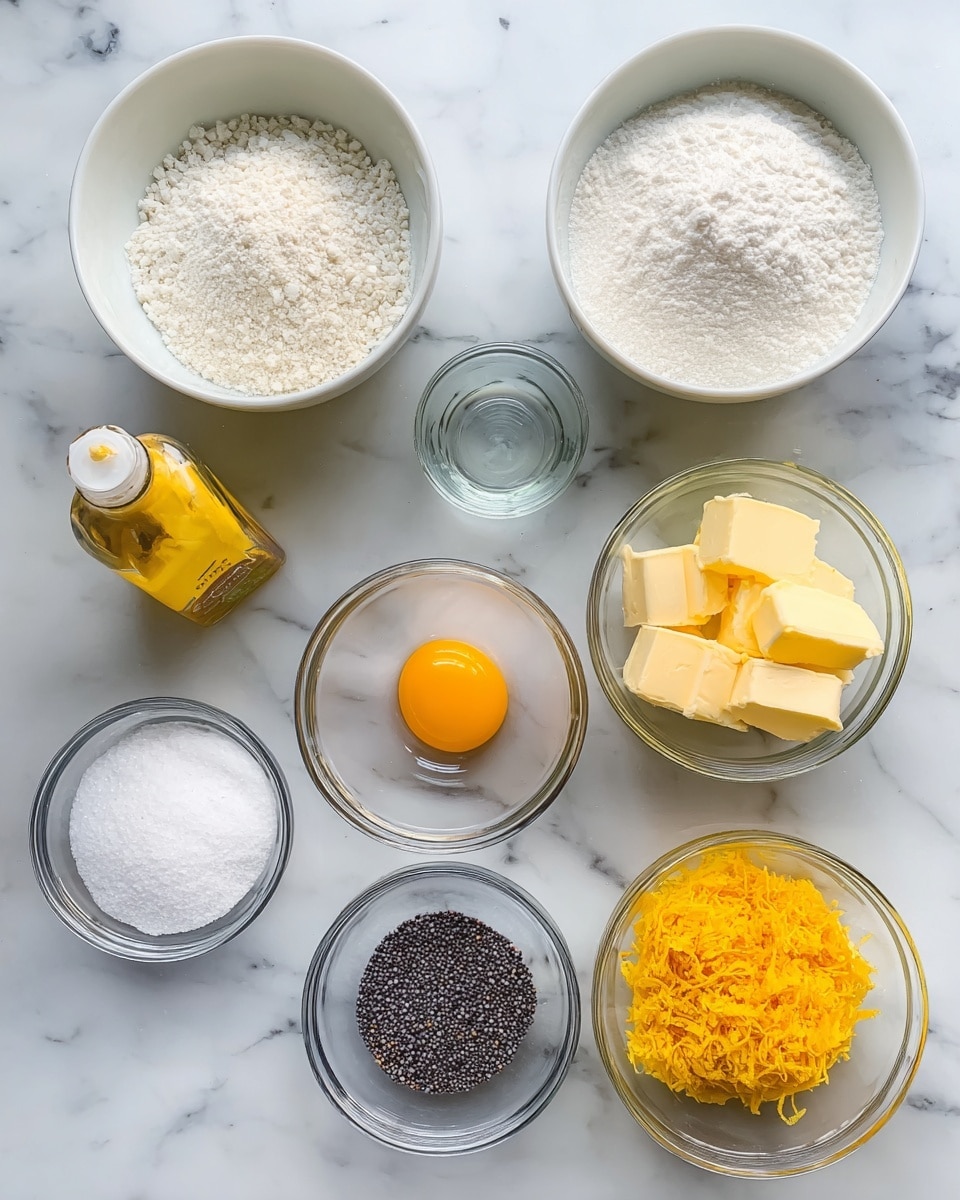Nine small glass bowls and one small bottle are placed in a neat grid on a white marbled surface. The top row has three white bowls filled with granulated sugar, white flour, and a clear liquid. Below, from left to right, there is a small bottle of yellow food color, a glass bowl with one raw egg yolk, a glass bowl with three blocks of pale yellow butter, a bowl of bright yellow lemon zest, and a bowl of small black poppy seeds. In the front row, two tiny glass bowls contain white salt and white baking powder. The whole setup looks clean and organized, with different textures and colors in each bowl. photo taken with an iphone --ar 4:5 --v 7