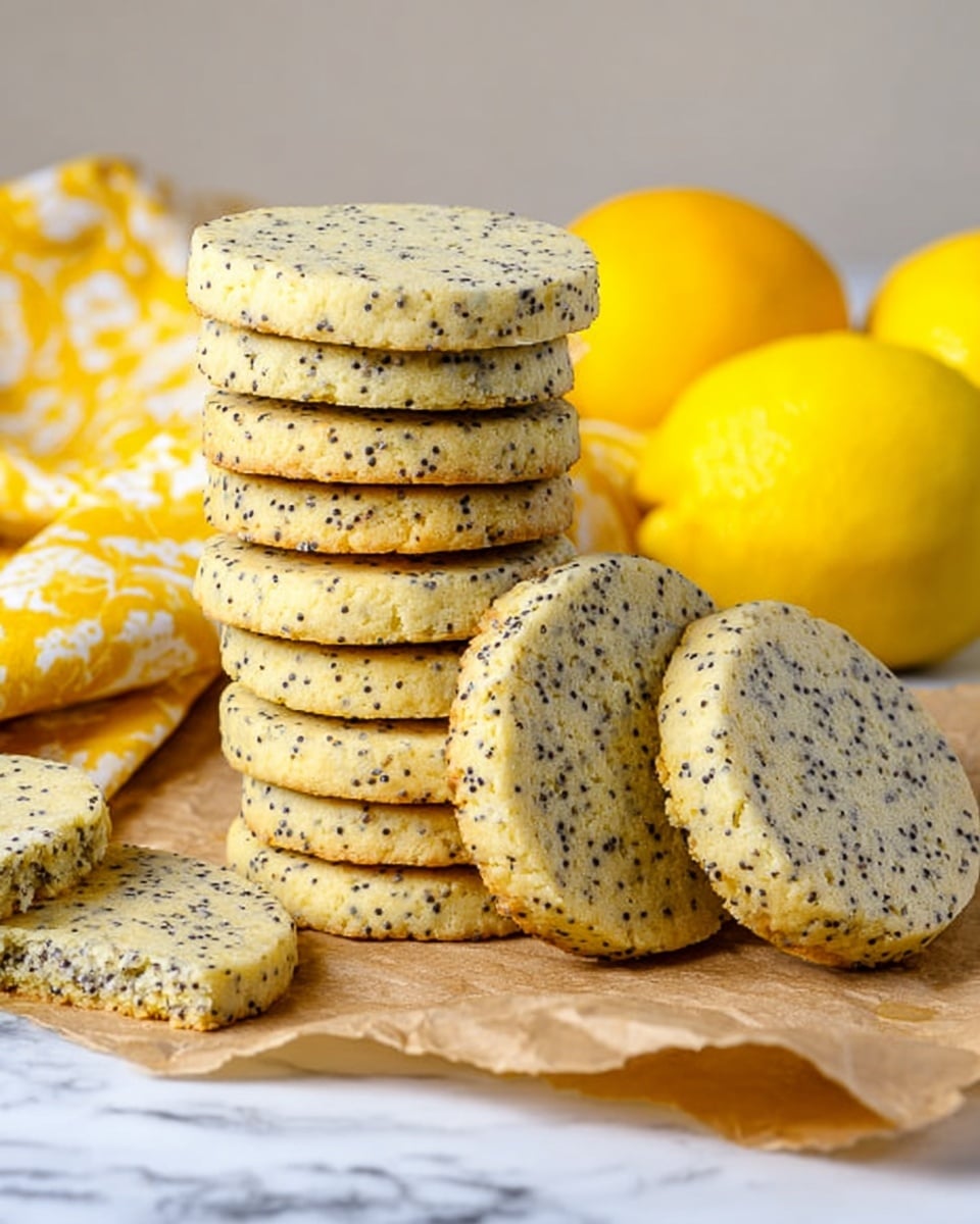 The image shows a stack of round lemon poppy seed cookies with a light yellow color and black poppy seeds visible throughout. The stack, consisting of about eight cookies, is placed on crumpled brown parchment paper with some unstacked cookies lying beside it. Around the cookies, there are three bright yellow lemons and a yellow patterned cloth in the background. The surface under everything is white marble with light gray veins. The photo taken with an iphone --ar 4:5 --v 7