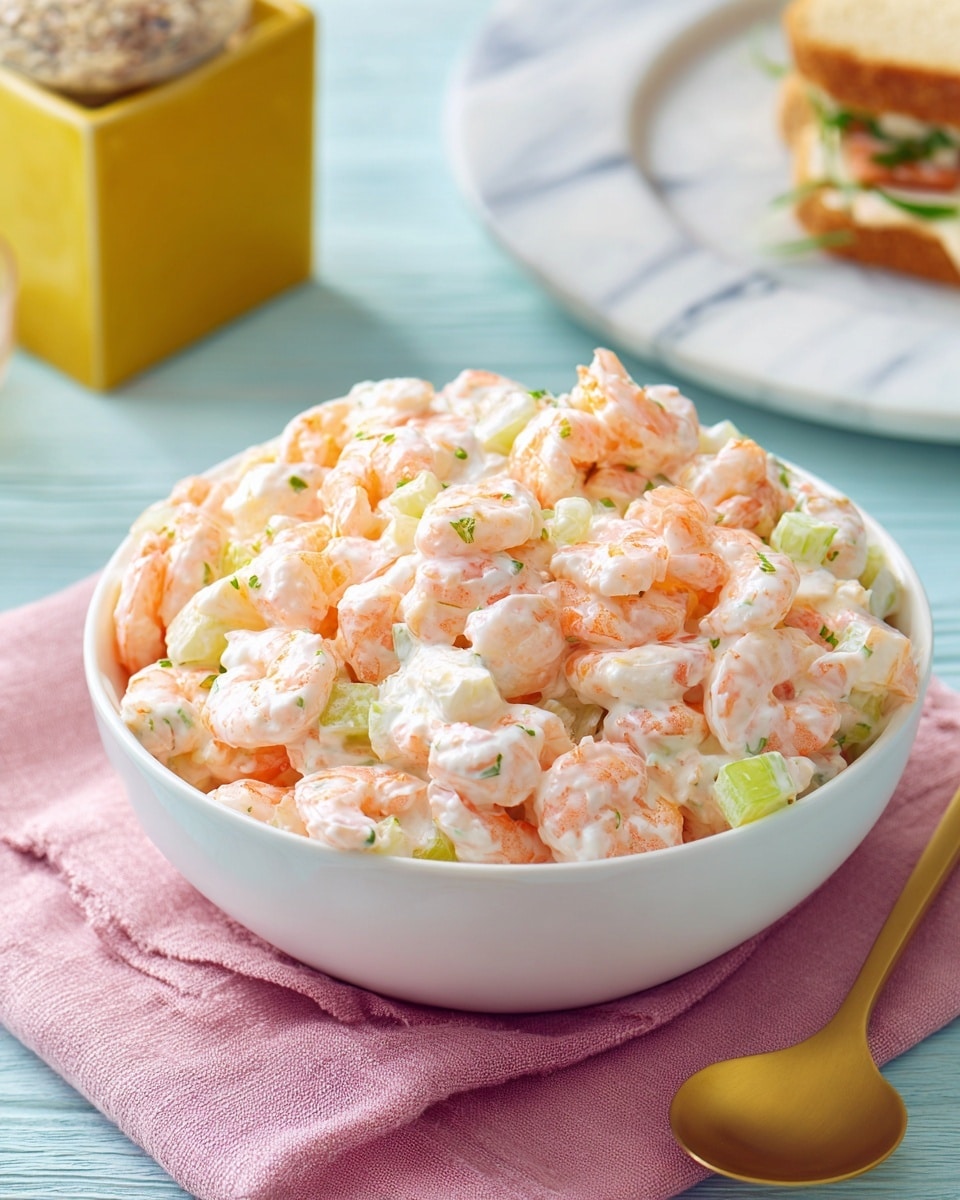 The image shows a white bowl filled with a creamy seafood salad made of small orange-pink pieces of cooked shrimp and pale green celery bits mixed together, creating a textured and chunky look. The bowl sits on a light blue wooden surface with a pink cloth beside it and a yellow seasoning box placed in the background to the left, adding a pop of color. To the right edge, there is a white plate with a sandwich partially visible and a golden spoon resting nearby, all against a clean white marbled background. Photo taken with an iphone --ar 4:5 --v 7