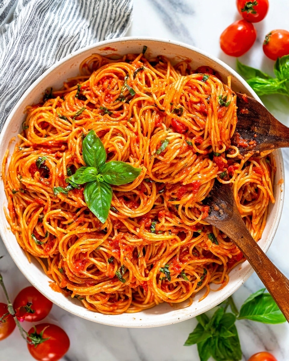 A large white bowl holds a generous serving of spaghetti mixed with bright red tomato sauce, speckled with small green herb pieces throughout. The pasta is twirled into multiple small nests stacked inside the bowl, with a few fresh basil leaves placed on top for garnish. Two wooden spoons rest on the bowl's edges, one lifting a nest of spaghetti. Around the bowl, fresh red cherry tomatoes and green basil leaves are scattered on a white marbled surface with a striped cloth partially visible in the top left corner. Photo taken with an iphone --ar 4:5 --v 7