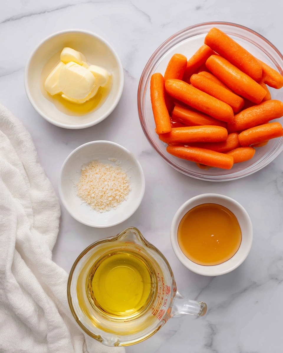 The image shows five small containers arranged on a white marbled surface with a white cloth and a spatula below them. At the top right, there is a clear glass bowl filled with bright orange baby carrots. To its left, there is a small clear round glass bowl with a pale yellow portion of melted butter. Below the butter is a small white bowl holding a mix of coarse salt and granulated garlic that looks light orange and white in color. In the center, there is a clear glass measuring cup filled with a light yellow oil. To the right of the measuring cup, a small white bowl contains honey that is golden brown with a slightly sticky texture. The overall setup is clean and bright, with good lighting emphasizing the colors and textures of the ingredients. Photo taken with an iphone --ar 4:5 --v 7