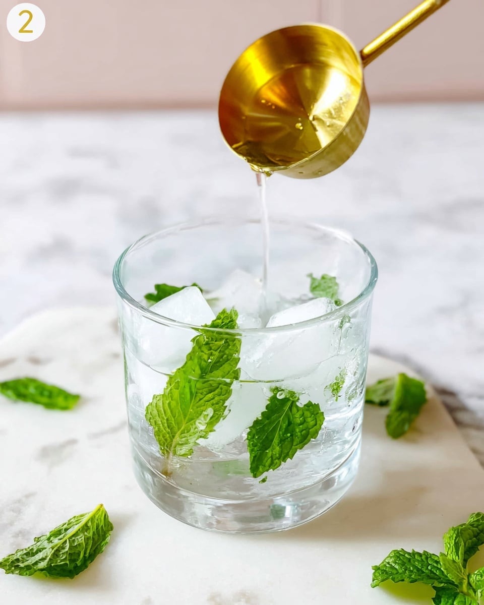 A clear glass is filled halfway with large white ice cubes, with four fresh green mint leaves placed inside, some standing upright and others laying flat against the ice. Above the glass, a golden measuring cup pours a small stream of clear liquid into the drink. Around the glass on the white marbled surface are a few scattered fresh mint leaves. The scene is bright and clean, showing freshness and preparation. Photo taken with an iphone --ar 4:5 --v 7
