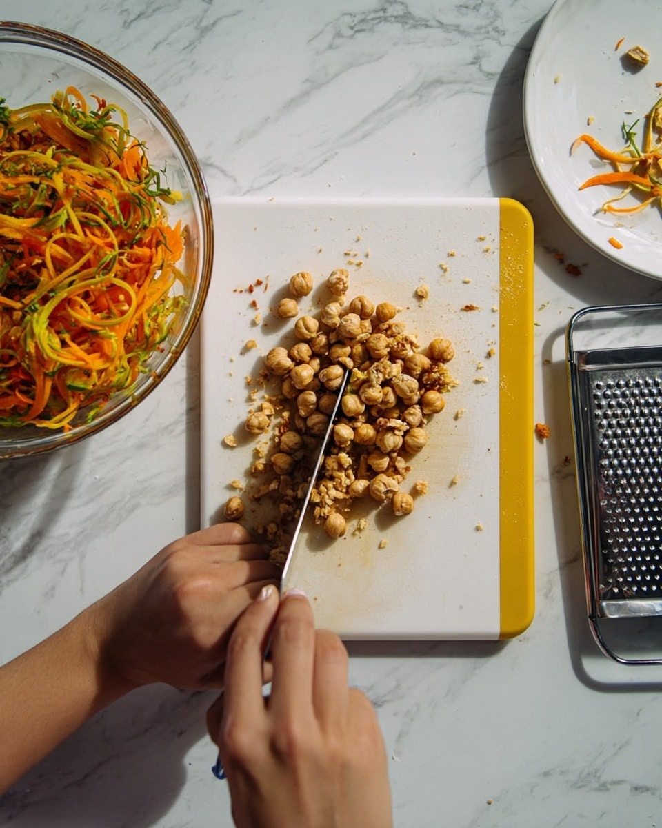 A woman's hand is chopping a pile of light brown hazelnuts on a rectangular white cutting board with a yellow edge, placed on a white marbled surface. To the top left, there is a clear glass bowl filled with curled orange and yellow carrot ribbons mixed with green herbs. In the top right corner, there is a white plate with some crumbs, and a metal grater lies nearby on the white marbled surface. The image is well-lit, showing the textures and colors clearly. photo taken with an iphone --ar 4:5 --v 7