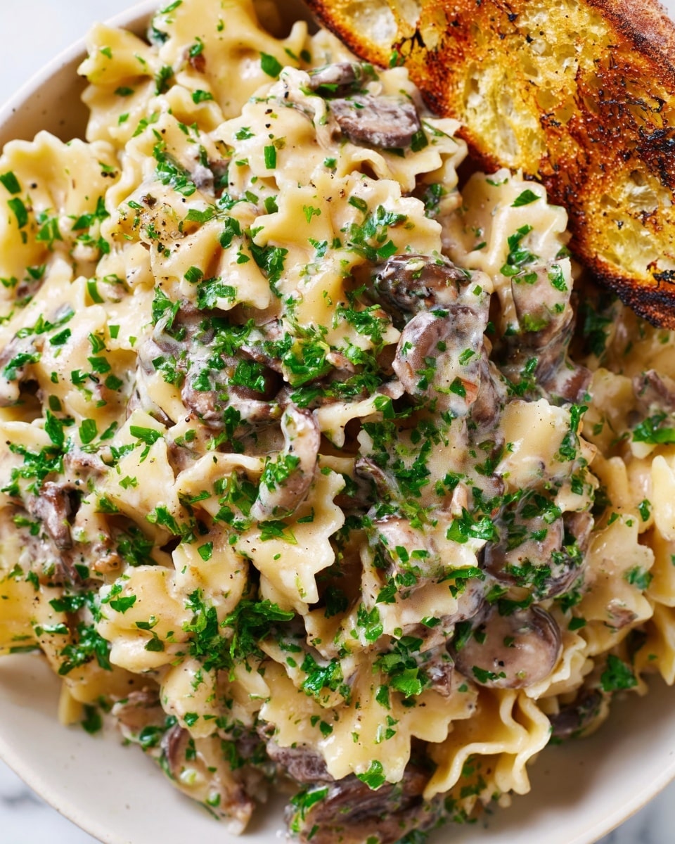The dish shows a close-up of wavy-edged pasta mixed with a creamy sauce that has small chopped mushrooms and herbs throughout. Bright green chopped parsley is sprinkled all over the pasta, adding fresh color. In the corner, there is a piece of toasted bread with a golden brown crust and a few dark grill marks. Everything is set on a white marbled surface. photo taken with an iphone --ar 4:5 --v 7