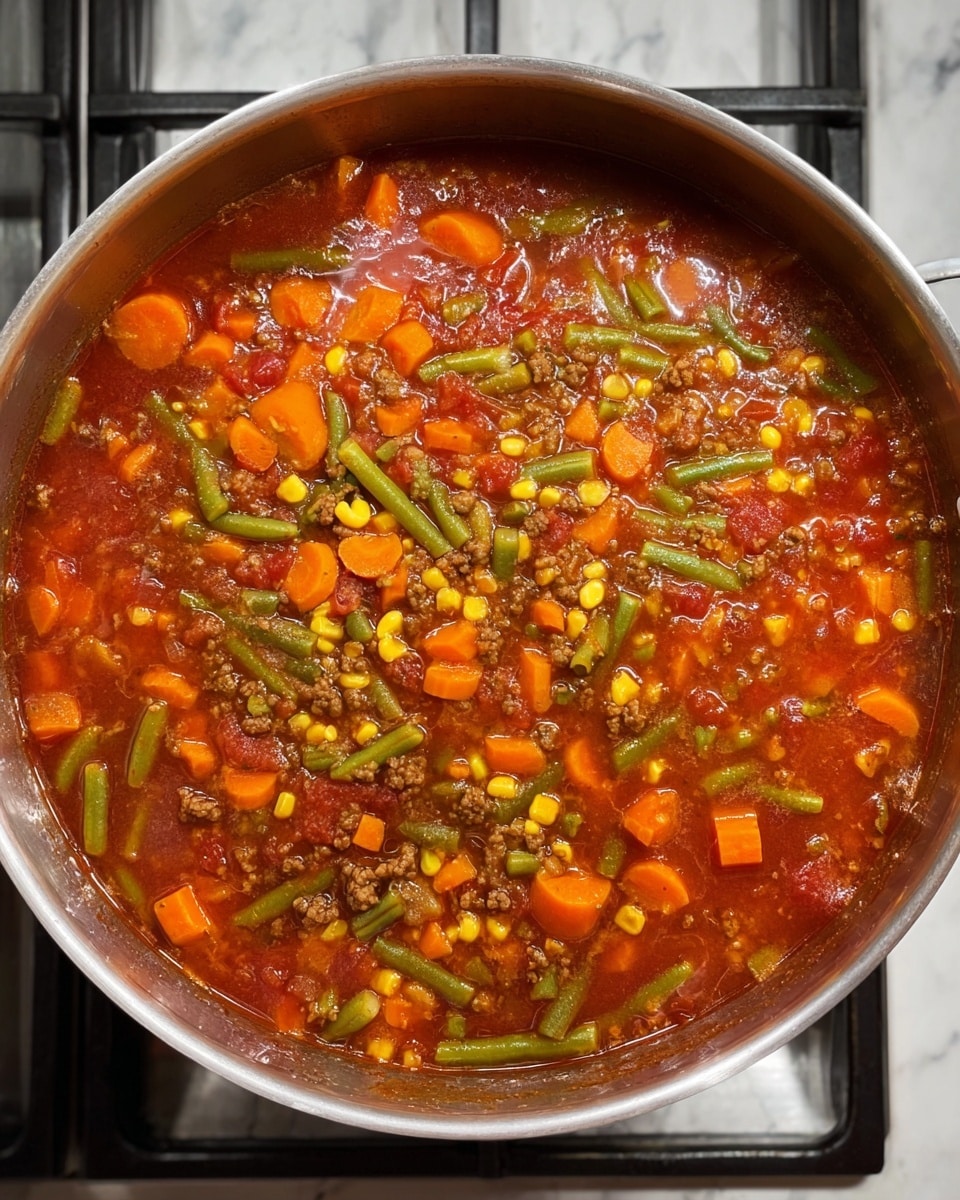 A large silver pot filled with a thick stew that has three main layers: the base layer is a rich red tomato broth with a slight shine, in the middle there are evenly spread pieces of bright orange carrot slices, yellow corn kernels, and green beans cut into short pieces, and on top small bits of browned ground meat are mixed in, giving a textured look throughout. The pot sits on a stove with visible grate bars in the background, and the entire scene is set on a white marbled surface. photo taken with an iphone --ar 4:5 --v 7