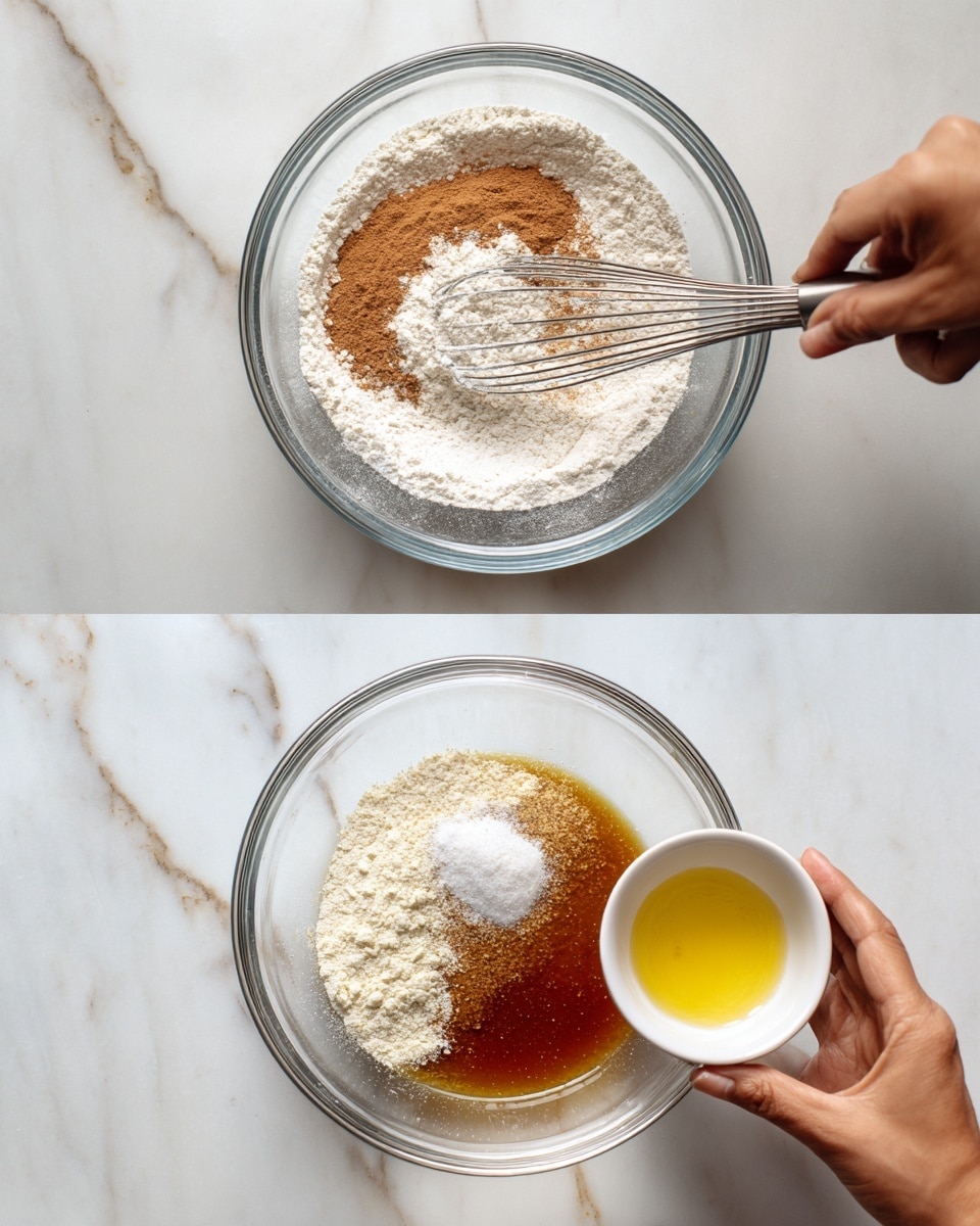 The first image shows a clear glass bowl on a white marbled surface filled with three main layers: white flour, light brown cinnamon powder, and some white crystals, possibly sugar. A woman's hand holds a metal whisk mixing the dry ingredients. The second image has a clear glass bowl also on the white marbled surface, with a dark amber liquid layer, a layer of brown sugar on top, and a woman's hand holding a small white bowl that contains a small amount of yellow minced substance being added to the mixture. Photo taken with an iphone --ar 4:5 --v 7