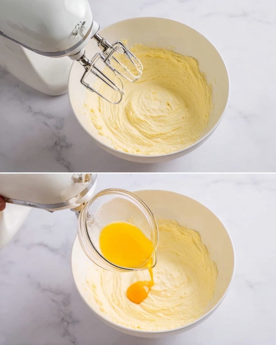 Two connected images show a white bowl on a white marbled surface with a soft, creamy yellow mixture inside. In the left image, a white electric mixer with twin metal beaters is mixing the thick, smooth mixture, which is pale yellow and slightly fluffy. In the right image, a woman's hand holds a small clear glass bowl tilted above the white bowl, pouring a bright yellow egg yolk into the creamy mixture, while the metal beaters rest in the bowl ready to mix. Photo taken with an iphone --ar 4:5 --v 7