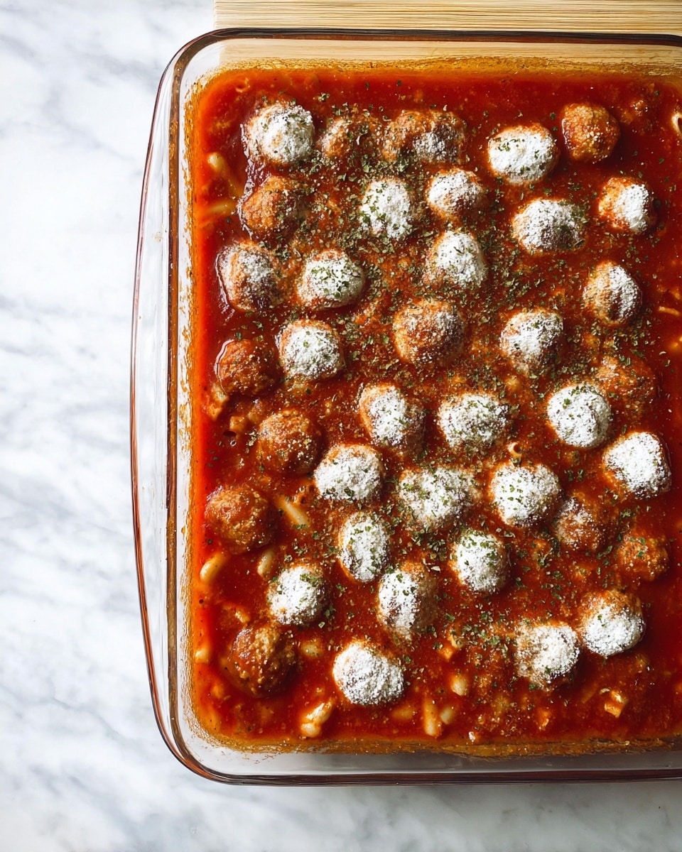 A clear glass rectangular baking dish filled with red tomato sauce sprinkled with green dried herbs, small round light brown meatballs covered in white flour-like powder scattered evenly on top, and small tubular pasta partially mixed in the sauce at the bottom; the dish is placed on a white marbled textured surface. photo taken with an iphone --ar 4:5 --v 7