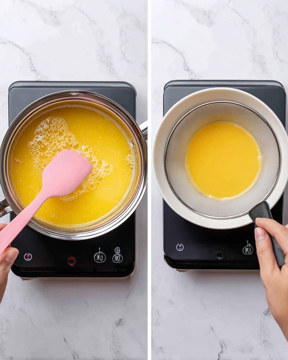The image shows two side-by-side scenes of a cooking process on a white marbled surface. On the left, a woman's hand with a pink spatula is stirring a smooth, bright yellow liquid in a metal pot set on a black electric stove. The liquid looks thick and shiny with small bubbles around the edges. On the right, a woman's hand pours the same yellow liquid from the pot through a black mesh strainer placed over a white bowl, with the liquid forming a pool at the bottom of the bowl. The background and surface stay white marbled throughout. photo taken with an iphone --ar 4:5 --v 7