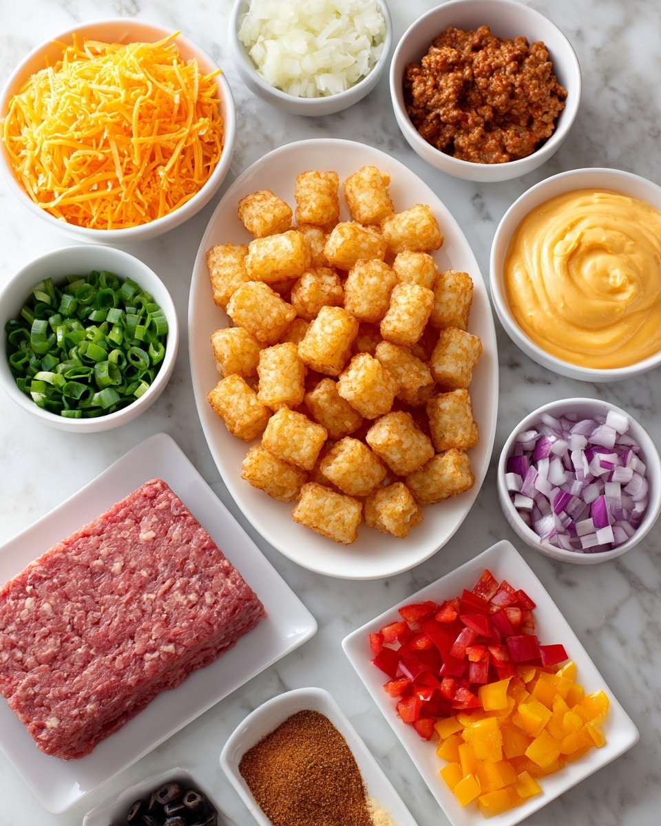 The image shows a flat layout of ingredients in white bowls and plates on a white marbled surface. In the center is a white oval plate filled with light golden frozen tater tots. Above it, there are two bowls: one on the left with bright orange shredded cheddar cheese and on the right, a bowl filled with smooth, creamy yellow queso. Surrounding the center are smaller white bowls containing finely chopped dark purple black olives, vibrant green chopped green onions, and diced white sweet onion. In the bottom left, a rectangular white plate holds a thick, rectangular block of lean ground beef in a pinkish-red color. To the right, a rectangular white plate is divided into three sections with small diced red pepper on top, bright yellow pepper in the middle, and orange pepper at the bottom. Near the middle, smaller white bowls contain finely chopped red tomatoes and a heap of light brown taco seasoning. The overall look is clean, fresh, and colorful. Photo taken with an iphone --ar 4:5 --v 7