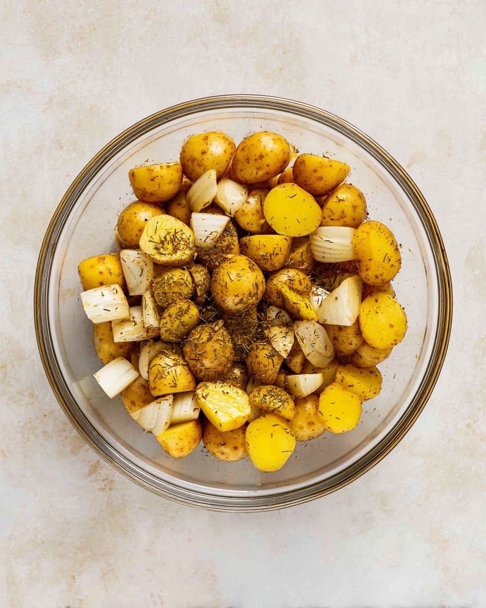A clear glass bowl on a white marbled surface holds three main layers: halved small yellow potatoes with a smooth outer skin, cubed white onion pieces, and various small yellow potatoes also halved. The vegetables are mixed evenly and coated with scattered greenish-brown dry herbs and spices, giving a slightly speckled look throughout the bowl. The mix looks fresh and ready to be cooked. photo taken with an iphone --ar 4:5 --v 7