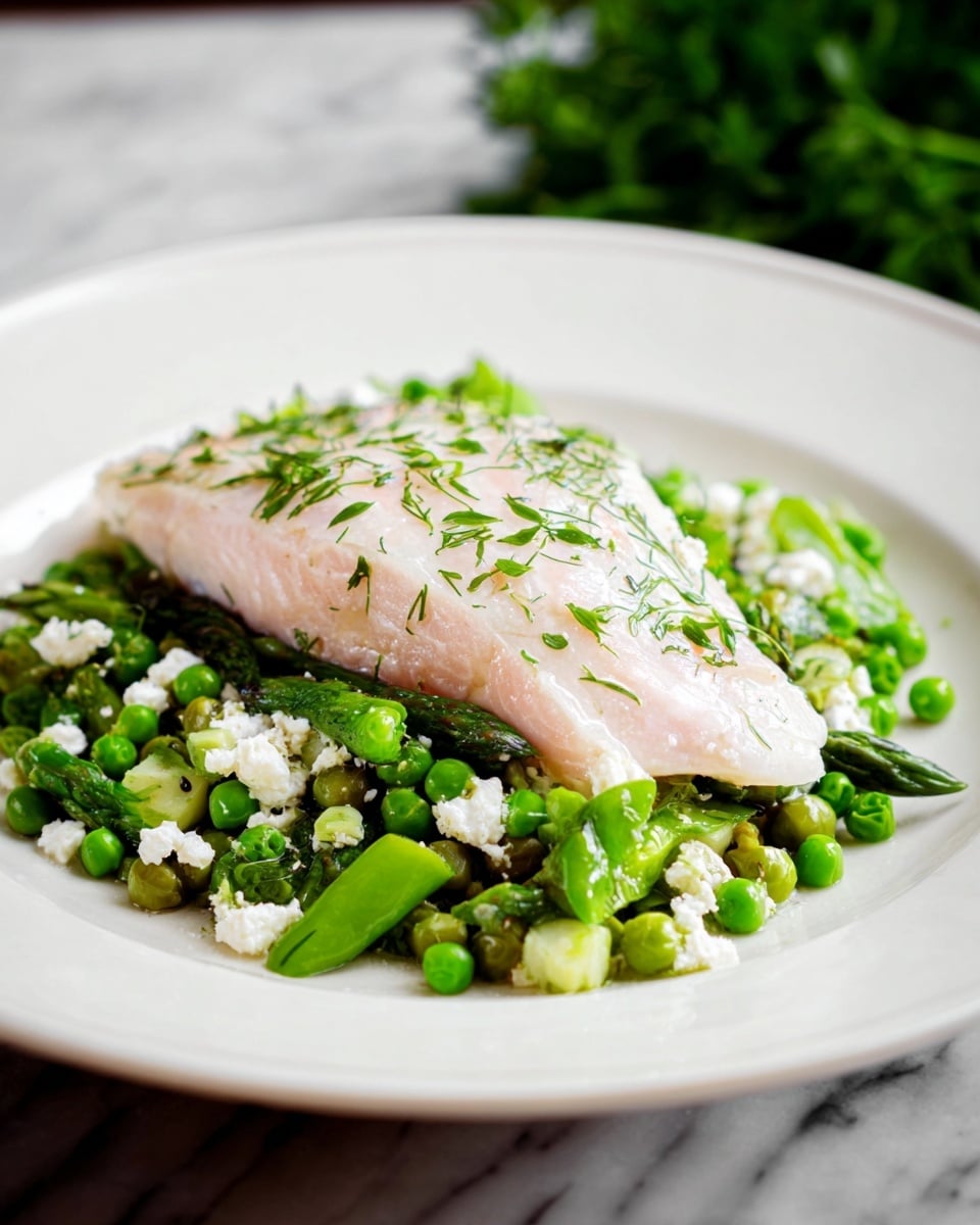 A white plate holds three layers: the bottom layer is bright green asparagus and broccolini, arranged in a loose circle with the tips pointing outward. On top of the greens is a thick, white fillet of fish, soft and flaky with a slight natural shine. The top layer is a creamy yellow sauce mixed with small chopped green herbs and some diced white pieces, spread evenly over the fish. Tiny chopped green herbs are sprinkled on the sauce and around the plate for garnish. The plate sits on a white marbled surface with a blue and white checkered cloth and black cutlery nearby. photo taken with an iphone --ar 4:5 --v 7