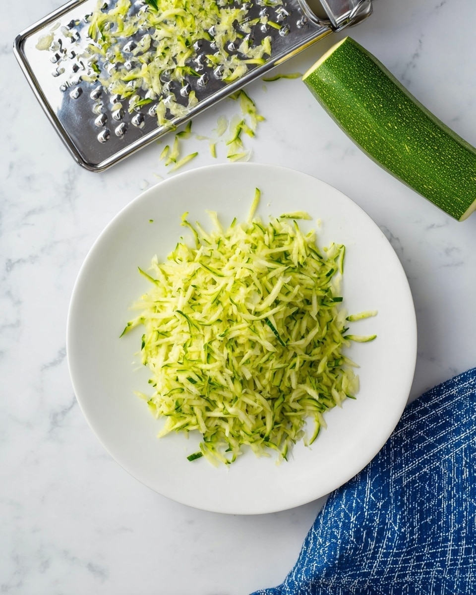 The image shows a white plate with one layer of shredded green zucchini, fine and slightly moist, scattered across the center of the plate. Above the plate, there is a metal grater with bits of shredded zucchini stuck in the holes, showing a shiny, reflective surface with some green pieces attached. Next to the plate on the white marbled surface lies a zucchini, partially used with one end freshly shredded, exposing a light-green, moist inside. At the lower right corner, part of a blue cloth with white crisscross lines adds a splash of color. The whole setup sits on a clean white marbled surface. photo taken with an iphone --ar 4:5 --v 7