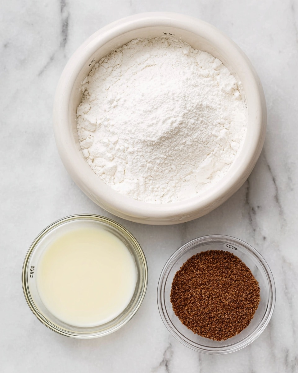 The image shows three containers with different ingredients placed on a white marbled surface. The largest container is a white ceramic bowl filled with a white powder that looks soft and fine, labeled