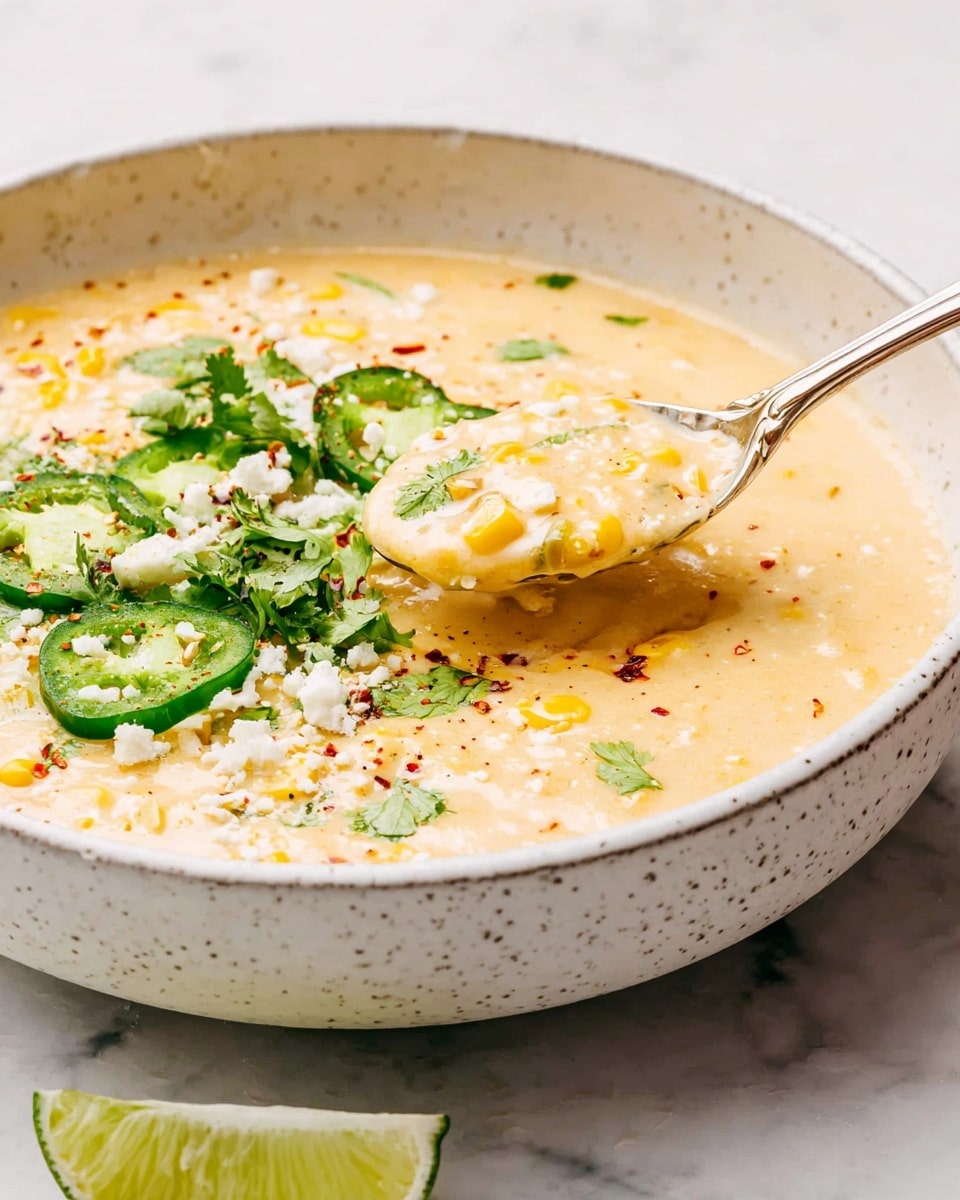 A close-up of a creamy, thick soup in a white speckled bowl sitting on a white marbled surface, with visible small pieces of corn mixed in the pale yellow soup. The top layer has bright green cilantro and thin slices of jalapeño, along with a light sprinkle of white cheese and red chili flakes. A lime wedge rests on the edge of the bowl. A spoon lifted above the bowl holds a scoop of the soup, showing its smooth texture with bits of corn. The spoon's handle extends to the right side of the image. Photo taken with an iphone --ar 4:5 --v 7