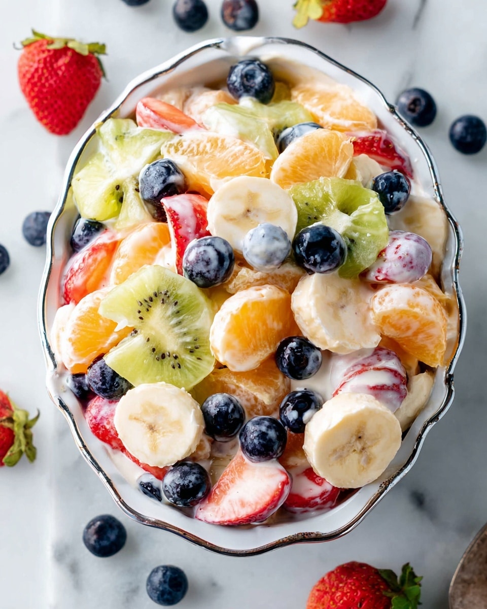 A white decorative bowl filled with a creamy fruit salad, showing three visible layers mixed together: bright orange mandarin slices with a juicy texture, pale green kiwi slices with small black seeds, and red strawberry slices with some white cream coating; scattered dark blue blueberries add contrast and round shape across the top and middle, with creamy white banana slices scattered throughout. The bowl sits on a white marbled surface with some extra blueberries and strawberry pieces around it. Photo taken with an iphone --ar 4:5 --v 7