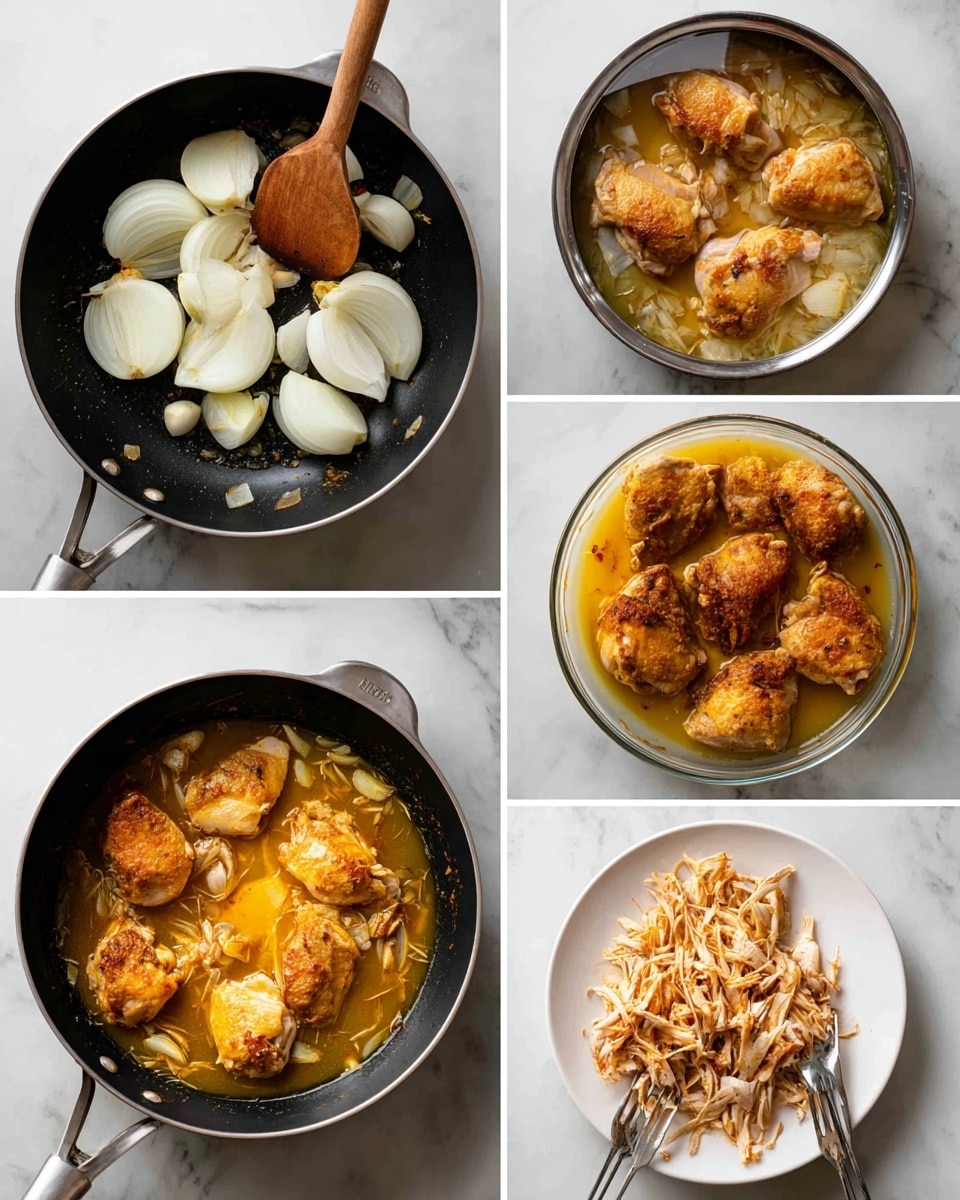 The image shows a step-by-step cooking process in six parts. In the first part, large white onion chunks with a few whole garlic cloves lie in a black frying pan on a white marbled surface, with a wooden spatula inside the pan. The second part shows three large pieces of raw light pink chicken partially submerged in a pale broth with onion and garlic pieces, inside the same black pan. The third part displays the pan covered with a clear lid with steam, inside which the chicken is now lightly browned and cooking in the liquid. The fourth part shows the pan uncovered, with the chicken more browned and sitting in a deep golden-orange sauce. The fifth part has four browned chicken pieces on a white rectangular plate on a white marbled surface, shredded apart with two forks. The final part is a close-up of shredded chicken covering the plate, with two forks mixing the chicken strands. Photo taken with an iphone --ar 4:5 --v 7