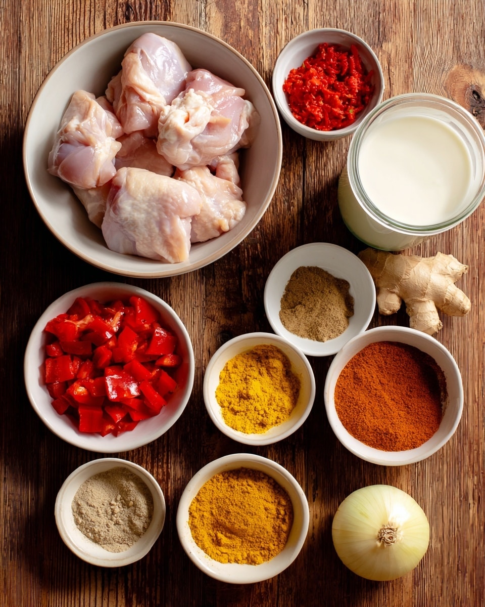 The image shows a wooden table with several white bowls and containers holding different ingredients neatly arranged. One white bowl contains large raw chicken pieces with a pale pink color. Next to it, a white bowl holds bright red diced tomatoes. A white container filled with creamy white coconut milk sits nearby. There are two small white bowls with yellow-orange turmeric and curry powder, one white bowl with light brown cumin, and another with darker brown garam masala. A half white onion is placed on the table along with a light tan piece of fresh ginger and two pale garlic cloves in a small white bowl. The labels for each ingredient are placed above or near each item. The background shows a wood grain table surface. photo taken with an iphone --ar 4:5 --v 7