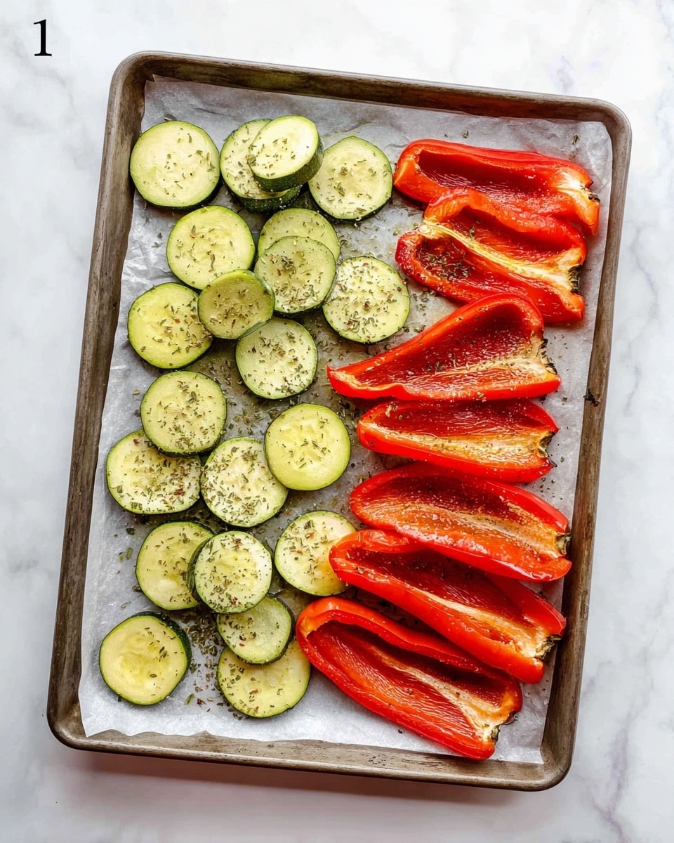 A metal baking tray lined with white parchment paper holds a single layer of sliced vegetables arranged flat. There are two types of vegetables: round green zucchini slices, light green on the inside and darker green on the edges, sprinkled with dried herbs and spices; and long, wide red bell pepper halves, with a shiny exterior and lighter interior, also sprinkled with herbs, placed mostly on the left side and bottom right corner. The tray sits on a white marbled surface. photo taken with an iphone --ar 4:5 --v 7