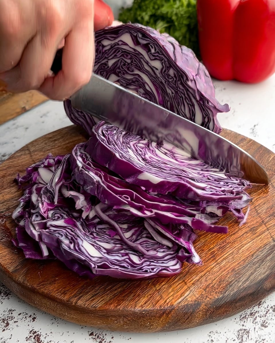 A woman's hand is holding a knife slicing a purple cabbage on a round wooden cutting board. The cabbage is deep purple with white veins and is being cut into thin, curly layers. The whole cabbage has a smooth outer skin, while the sliced pieces show a mix of light and dark purple patterns. In the background, there is some green leafy herb and a red bell pepper sitting on a white marbled surface. The scene is well-lit, capturing the fresh texture of the cabbage and the wood grain of the cutting board photo taken with an iphone --ar 4:5 --v 7