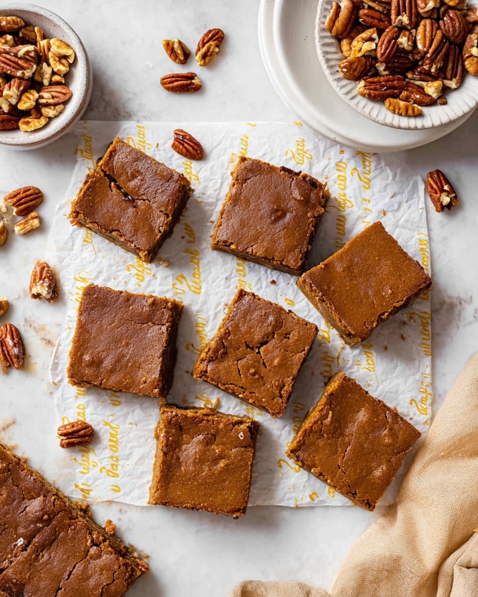The image shows a group of nine brown square bars with a cracked, slightly shiny top layer arranged on white parchment paper with yellow text, placed on a white marbled surface. Each bar has a rough texture on the top with visible small bumps. Around the squares, there are whole pecans and some pieces scattered, along with a white bowl filled with a mix of light and dark brown nuts on the top right. The scene also includes part of a white ceramic plate with more bars and a beige cloth on the bottom right corner. Photo taken with an iphone --ar 4:5 --v 7