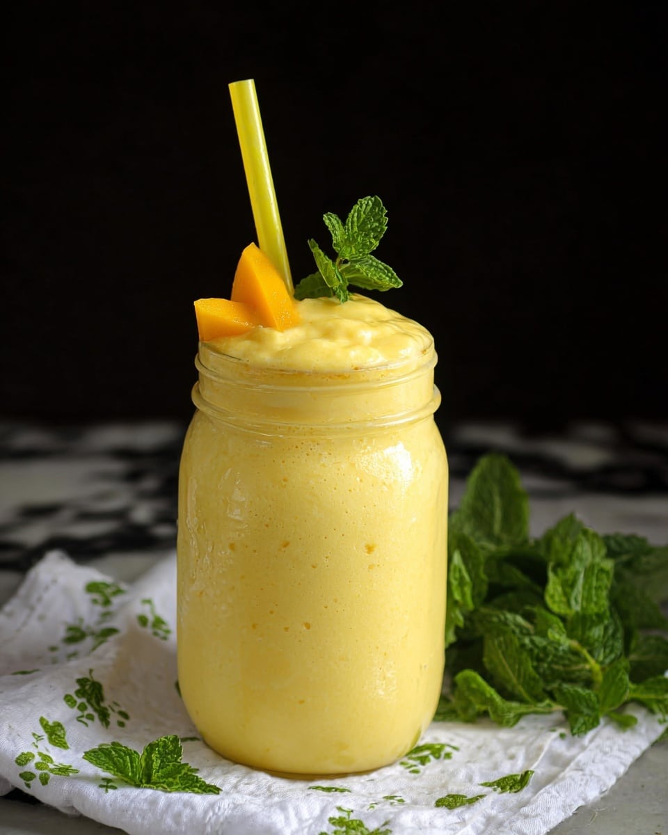 A thick, creamy yellow mango smoothie fills a glass jar to the brim, with the smooth texture slightly overflowing at the top. Two small mango slices rest on the frothy surface near a sprig of fresh green mint, while a bright yellow straw stands upright in the center. The jar sits on a white cloth decorated with small green leaves, and fresh mint leaves are scattered around it. The background is dark and plain, with a white marbled texture beneath the scene. Photo taken with an iphone --ar 4:5 --v 7