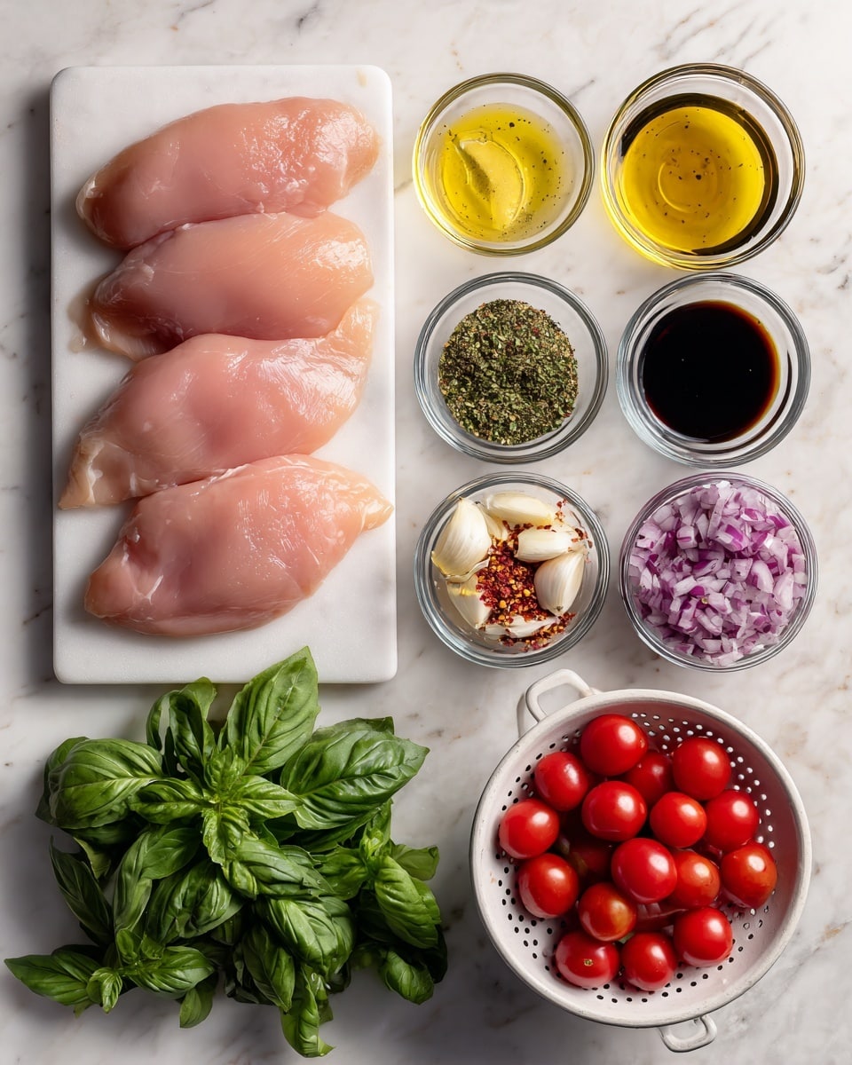 The image shows four raw chicken cutlets placed on a white cutting board positioned on the left side, each cutlet having a light pink color and smooth texture. On the right side, there are several small glass bowls arranged in a grid on a white marbled surface: one with clear lemon juice at the top, below it a bowl with golden yellow olive oil, a small bowl with Italian seasoning which looks green and crumbly, a dark balsamic vinegar bowl, a bowl with finely chopped purple-red onion, a bowl with peeled white garlic cloves, and a small bowl with red pepper flakes. Toward the bottom left, there is a bunch of fresh, vibrant green basil leaves, a small bowl of pink and black salt and pepper mix, and at the bottom right is a white colander holding four bright red plum tomatoes on the white marbled surface. All ingredients are spaced out neatly. Photo taken with an iphone --ar 4:5 --v 7