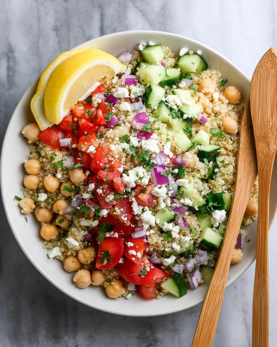 A close-up view of a metal bowl filled with a colorful quinoa salad. The salad has layers of small, light beige quinoa grains, green cucumber pieces with dark skins, red bell pepper cubes, white chickpeas, bright purple-red onion chunks, white crumbled cheese, and bits of green parsley. A fork is resting inside the bowl among the salad ingredients. The bowl has a shiny metal texture with some reflections and is placed on a white marbled surface. photo taken with an iphone --ar 4:5 --v 7