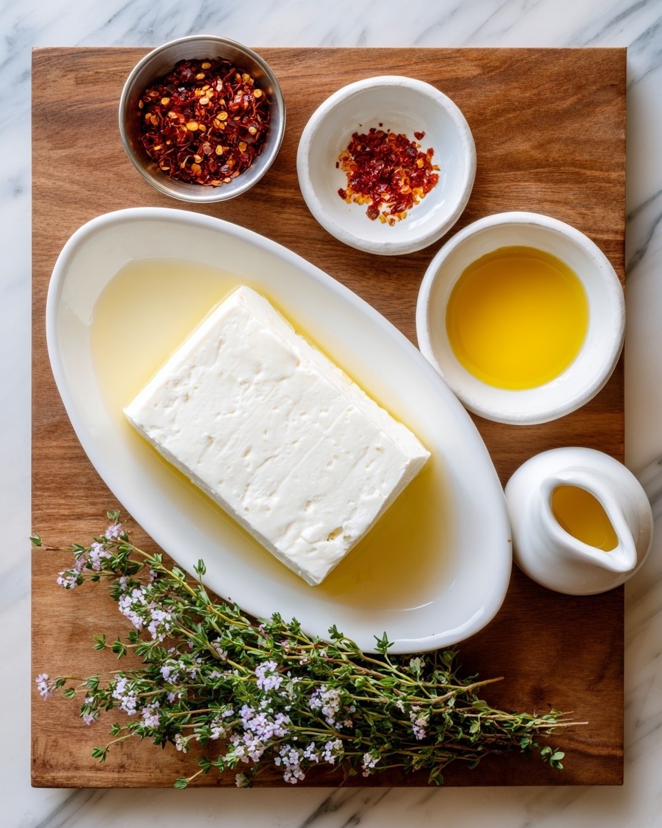 The image shows a block of halloumi cheese placed on a white oval plate with a shallow layer of watery liquid beneath it. To the top left, there is a small silver bowl containing red chili flakes, labeled chili. Next to it on the right, there is a small white bowl filled with yellow olive oil, labeled olive oil. To the right of the olive oil, there is a small white gravy boat with honey inside, labeled honey. Below the honey, a fresh green thyme sprig with small lilac flowers is placed on a white marbled surface, labeled thyme. All items are arranged on a wooden board background. Photo taken with an iphone --ar 4:5 --v 7