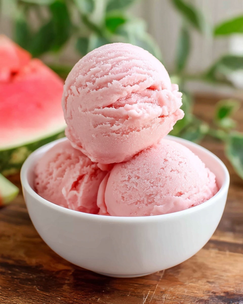 Three scoops of soft pink ice cream sit stacked inside a white bowl, showing smooth and creamy textures with slight ridges from scooping. The bowl is placed on a wooden surface with a blurred watermelon slice and green leaves in the background, which create a fresh and summery feel. The image is bright and clear with natural light highlighting the ice cream's pastel color. Photo taken with an iphone --ar 4:5 --v 7