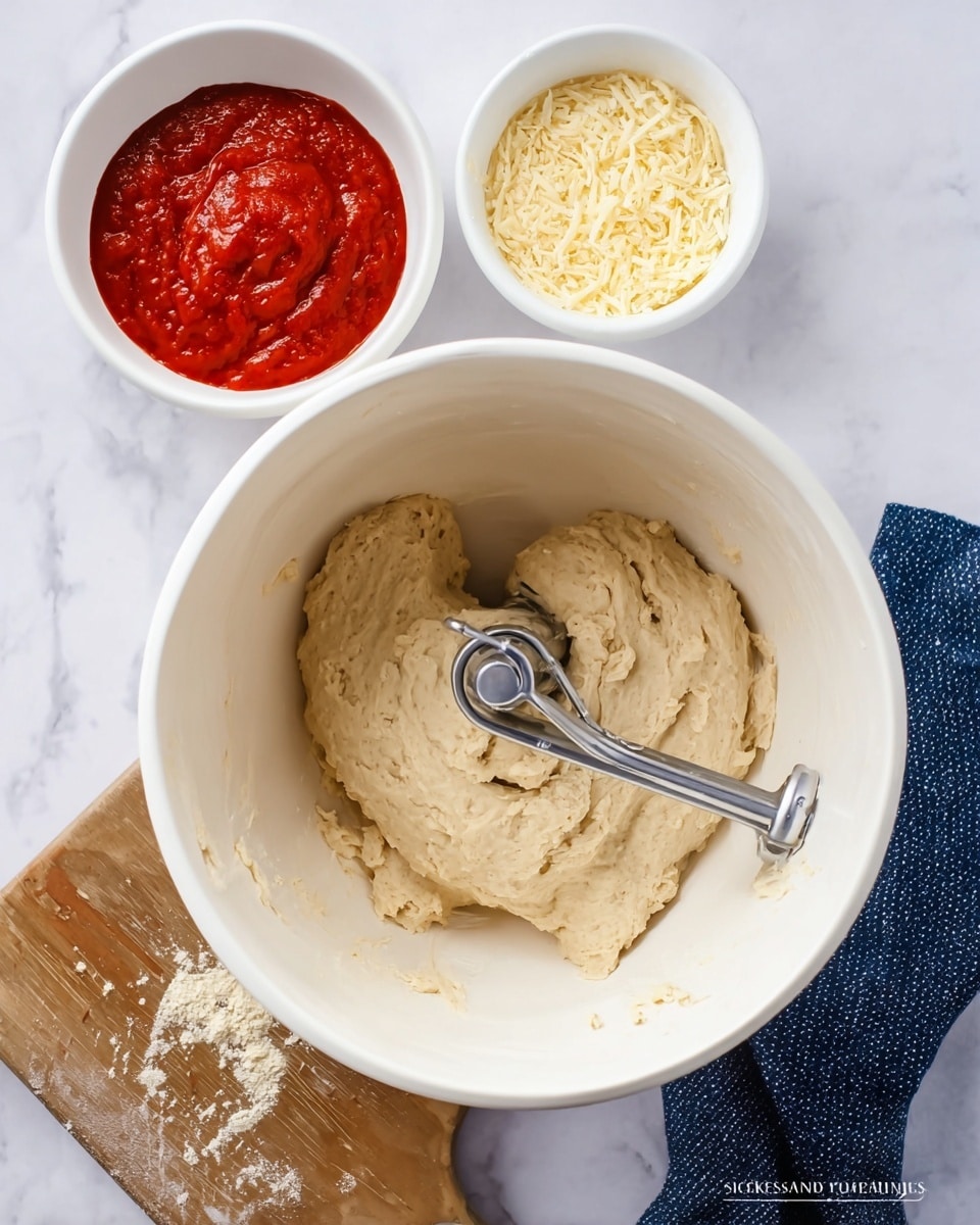 The image shows a white mixing bowl with light beige dough inside, attached to a metal dough hook in the center. The dough looks soft and sticky, clinging lightly to the hook and sides of the bowl. To the top left are two small white bowls; one filled with red tomato sauce that has a smooth but slightly chunky texture, and the other with grated pale yellow cheese, some of which is spilled on a small wooden cutting board underneath. A dark blue textured cloth is placed casually on the white marbled surface near the bowls. Photo taken with an iphone --ar 4:5 --v 7