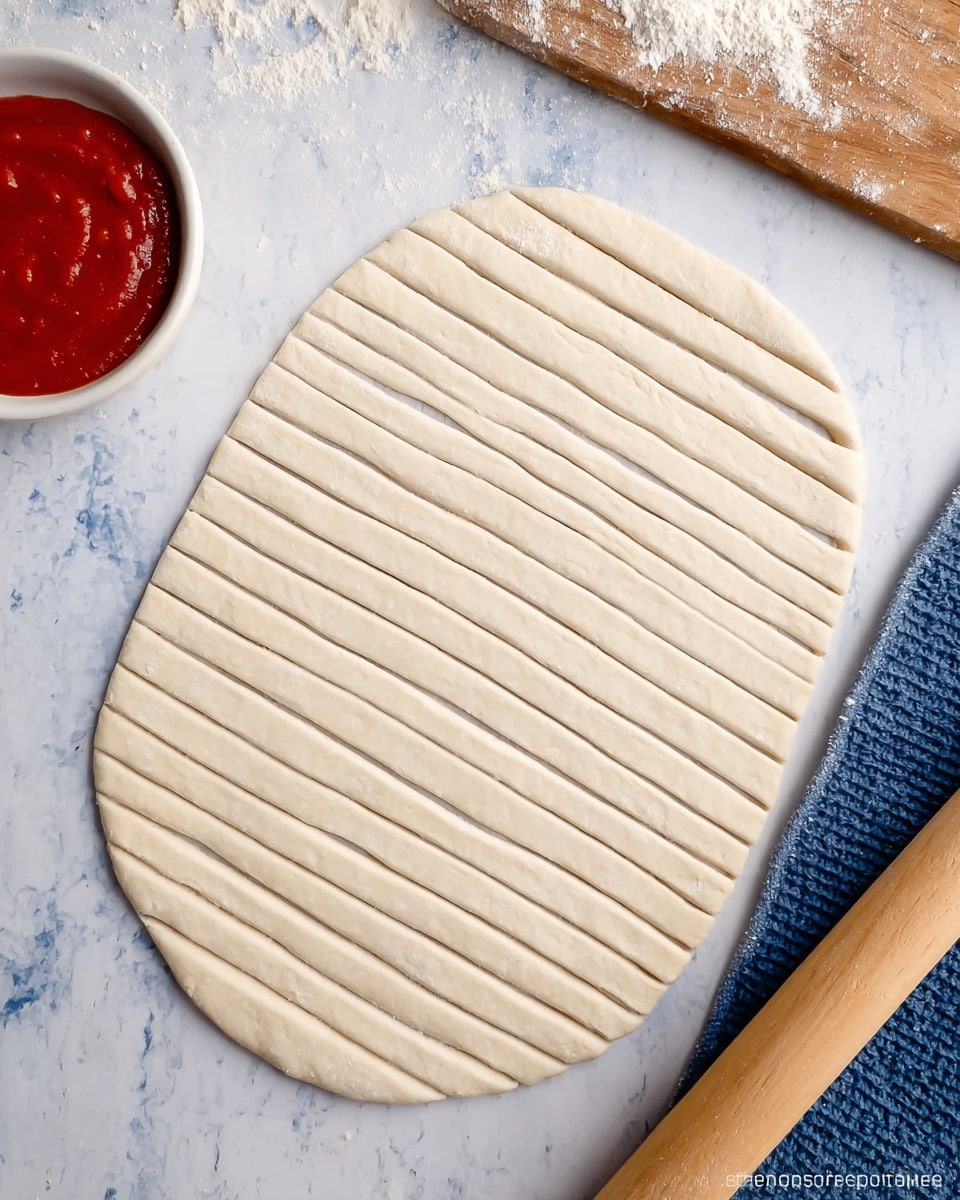 A rolled-out oval layer of pale dough is laid flat on a white marbled surface, sliced into parallel strips that run horizontally across it. The dough has a smooth texture with slight stretching marks and no toppings on it. In the top left corner, a small white bowl filled with rich red sauce sits next to a wooden board sprinkled with white flour. On the right side, part of a dark blue textured cloth is visible. A wooden rolling pin is placed at the bottom right edge of the image. photo taken with an iphone --ar 4:5 --v 7