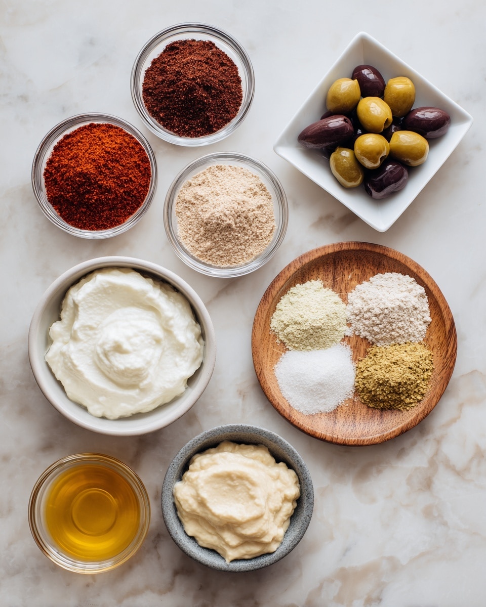 The image shows a variety of ingredients arranged neatly on a white marbled surface. There are three small clear glass bowls at the top left containing red powder, light brown powder, and dark brown powder from top to bottom. To the right, a small white square bowl holds sliced dark green olives. Below these, a small wooden round plate contains three separate piles of fine powders in white, light beige, and darker beige shades. Further down, there is a white bowl filled with thick white yogurt or cream on the left, and a gray bowl with beige creamy substance on the right. At the bottom left, a small white bowl is filled with golden-yellow honey or syrup. The layout is clean and organized. Photo taken with an iphone --ar 4:5 --v 7