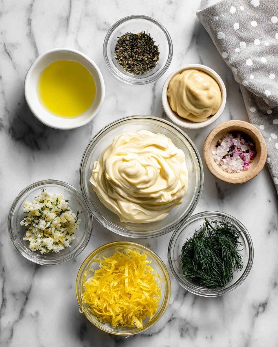 The image shows several small white bowls and clear glass bowls arranged on a white marbled surface, each holding a different ingredient. In the center, a clear glass bowl is filled with a thick, creamy pale yellow mayonnaise. Above it to the left, a small white bowl contains light yellow lemon juice. To the right, a small light-colored wooden bowl holds a dollop of Dijon mustard, pale yellow and smooth. Below the lemon juice, a white bowl contains bright yellow lemon zest with a fine, shredded texture. Near the bottom left, a small clear glass bowl has minced or crushed pale yellow garlic. To the bottom right, a clear glass bowl holds dark green fresh dill leaves. Above the dill, another clear glass bowl contains a mixture of light pink salt and black pepper specks. The ingredients are labelled with black text on the marbled surface. A grey cloth with white polka dots is placed on the top right corner. photo taken with an iphone --ar 4:5 --v 7