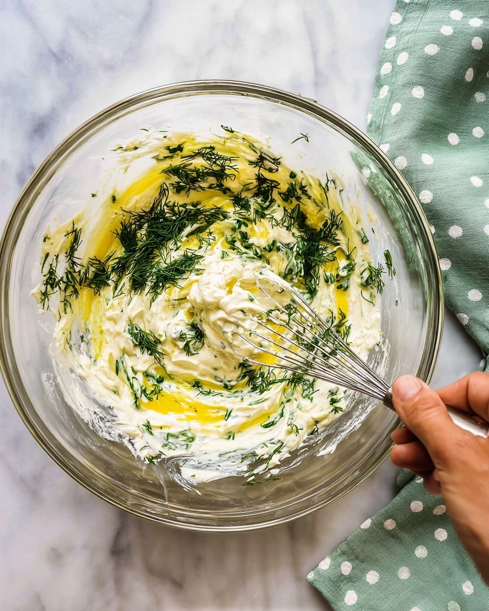 A clear glass bowl sits on a white marbled surface holding a creamy white dip mixed with bright yellow swirls and fresh green dill scattered on top and around the edges. A small shiny silver whisk is partially submerged in the dip near the bottom, and a woman's hand gently grips the left side of the bowl. To the right, a pale green cloth with white polka dots rests on the marble. The creamy mixture shows smooth, soft textures with herbs adding a leafy, delicate look. Photo taken with an iphone --ar 4:5 --v 7