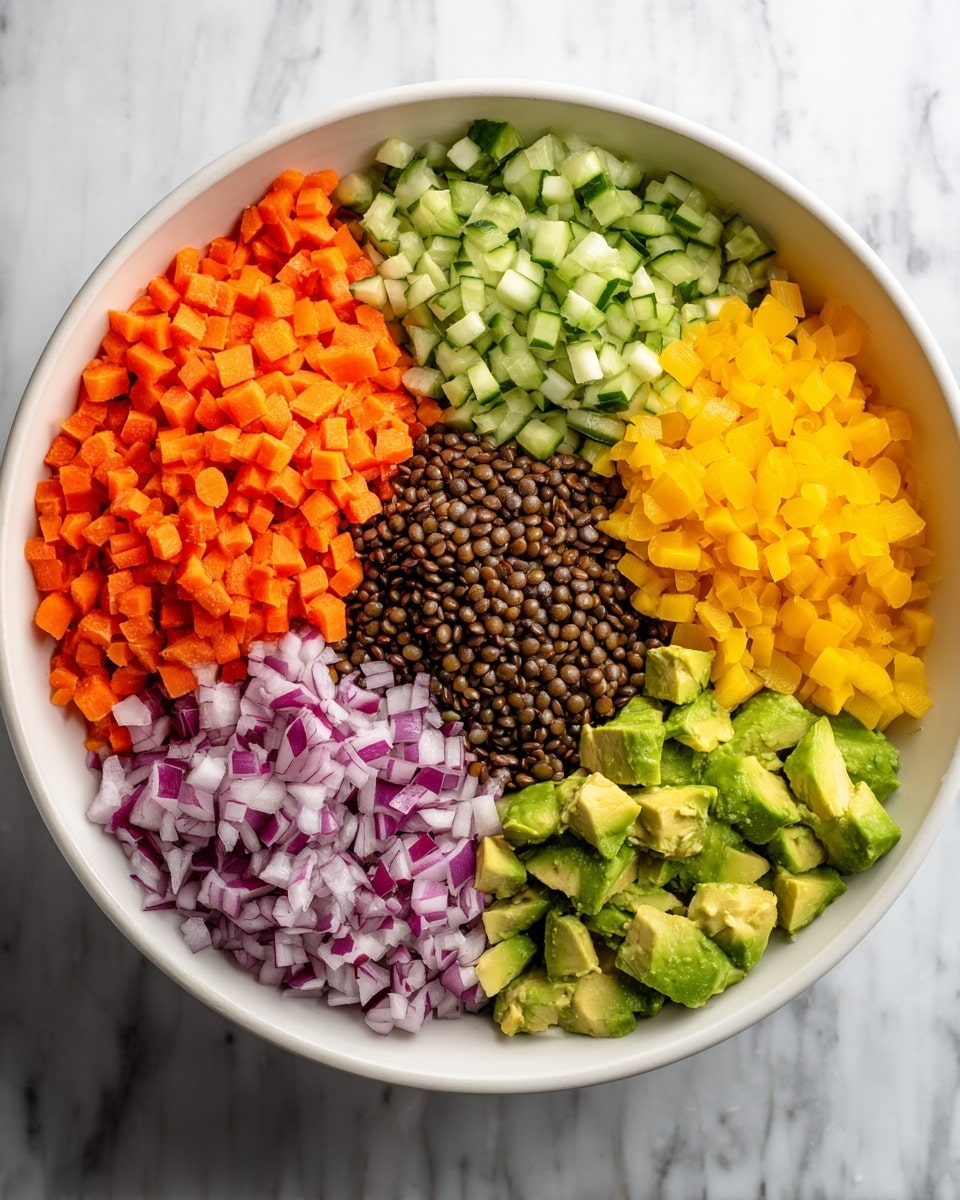 A white bowl filled with six layers of colorful, chopped ingredients arranged separately in sections. Starting from the top left, there is a layer of small, evenly chopped orange carrots. Next to it on the top center is a layer of finely chopped cucumber, light green with darker green skin bits. On the top right is a pile of bright yellow bell pepper pieces, also chopped into small squares. In the middle center sits a layer of dark brown lentils, forming the middle of the bowl. On the bottom right is a layer of diced red onions, white with purple edges. Finally, on the bottom left is a layer of larger chopped avocado chunks, green with creamy texture. The surface under the bowl is a white marbled texture. photo taken with an iphone --ar 4:5 --v 7