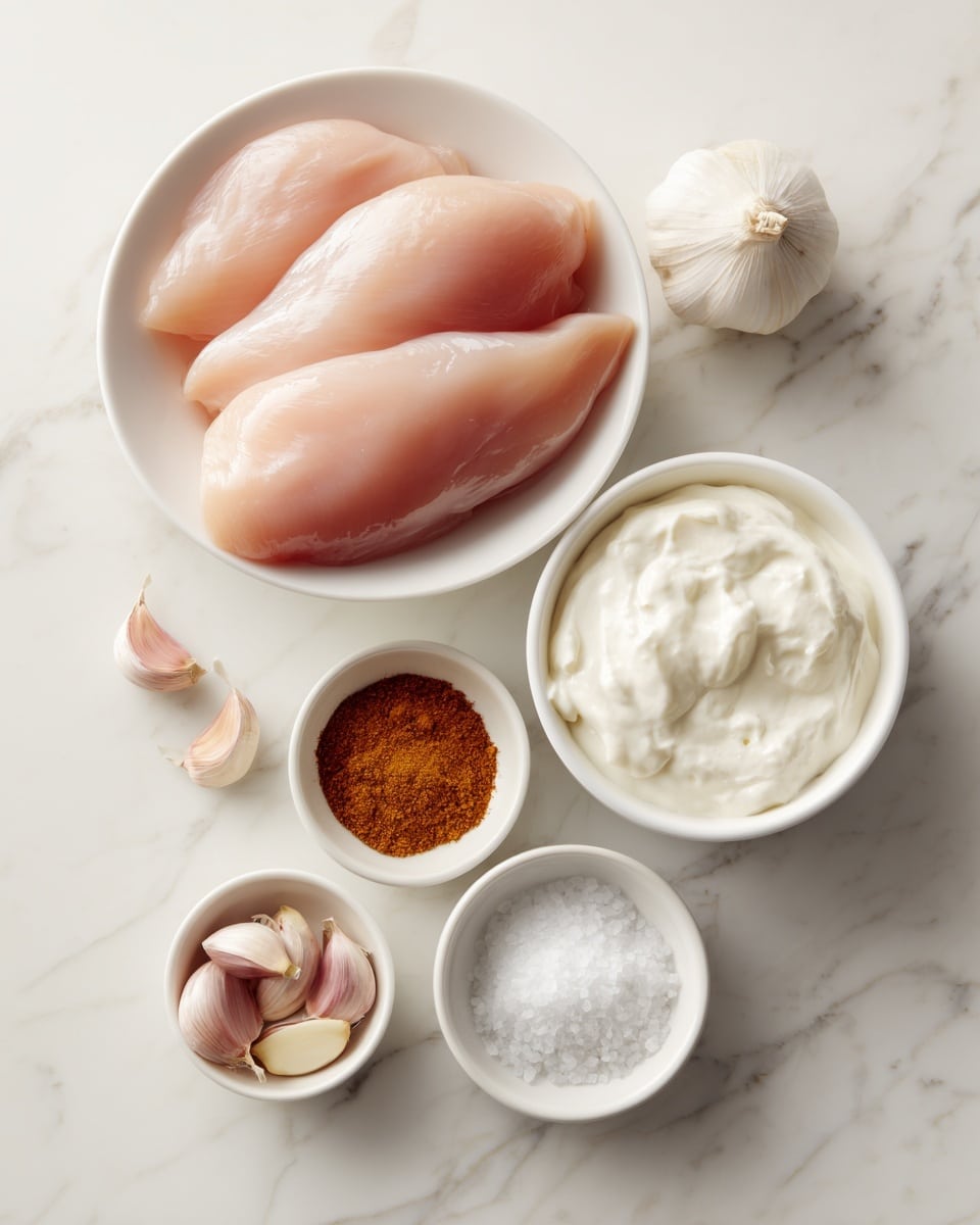 The image shows five white dishes arranged on a white marbled surface. In the largest bowl to the left, there are several raw pale pink chicken breasts with a smooth, slightly shiny texture, filling the bowl. To the right, there is a medium bowl filled with thick, creamy white Greek yogurt. Below the yogurt, there are three small white bowls: one contains a reddish-brown mild curry powder, another has several peeled fresh garlic cloves with a light pinkish tint, and the last bowl holds fine white salt. Each ingredient is separated clearly and evenly spaced from one another. Photo taken with an iphone --ar 4:5 --v 7