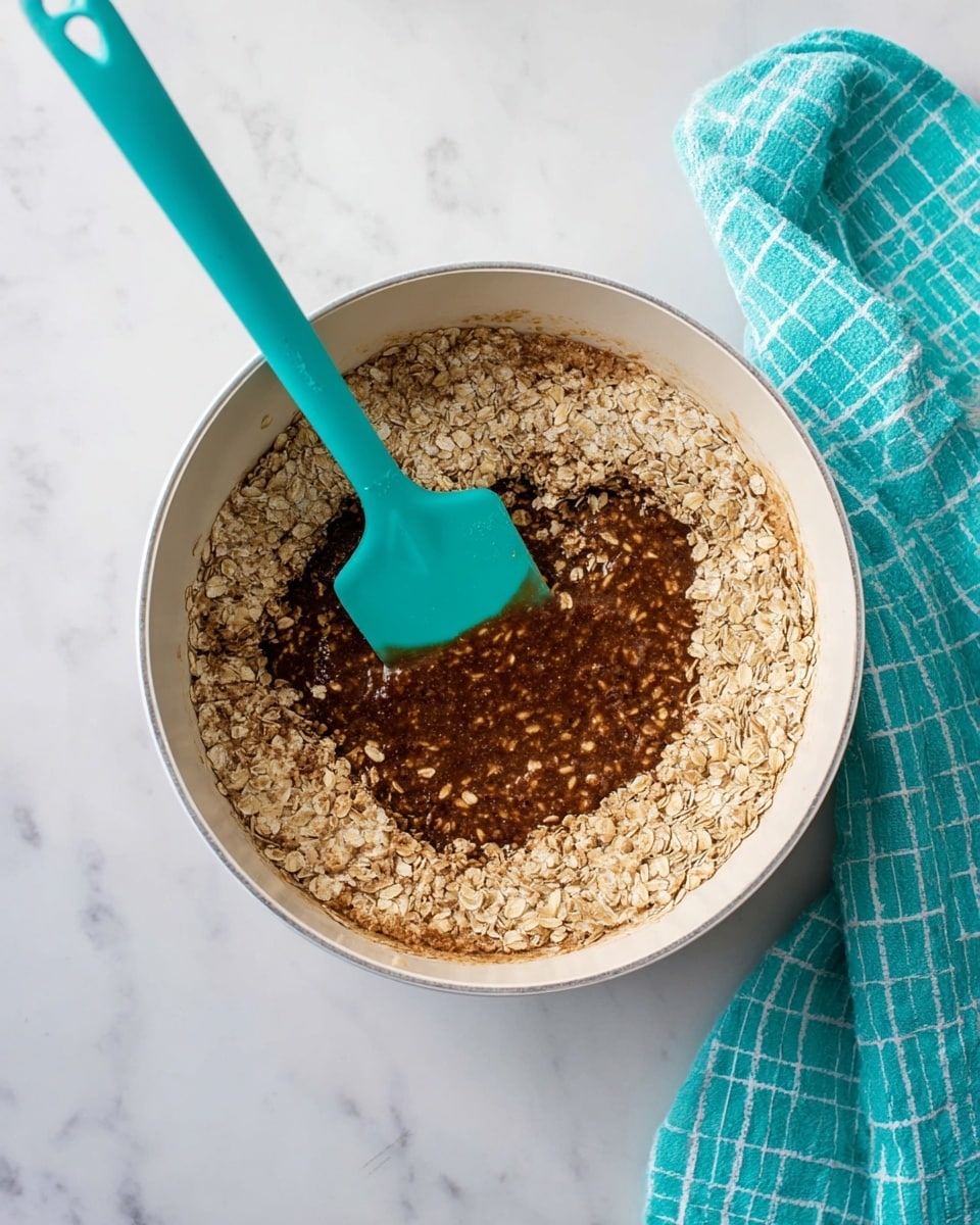 In a white pan on a white marbled surface, there is a mix of two main layers: a thick, dark brown sticky layer at the bottom center and a layer of dry, light brown oats spread evenly mostly around the edges of the pan. Resting inside the pan is a bright turquoise spatula, with its head touching the mixture, blending the oats into the dark layer. On the top right corner, a turquoise cloth with white grid stripes is loosely placed. photo taken with an iphone --ar 4:5 --v 7
