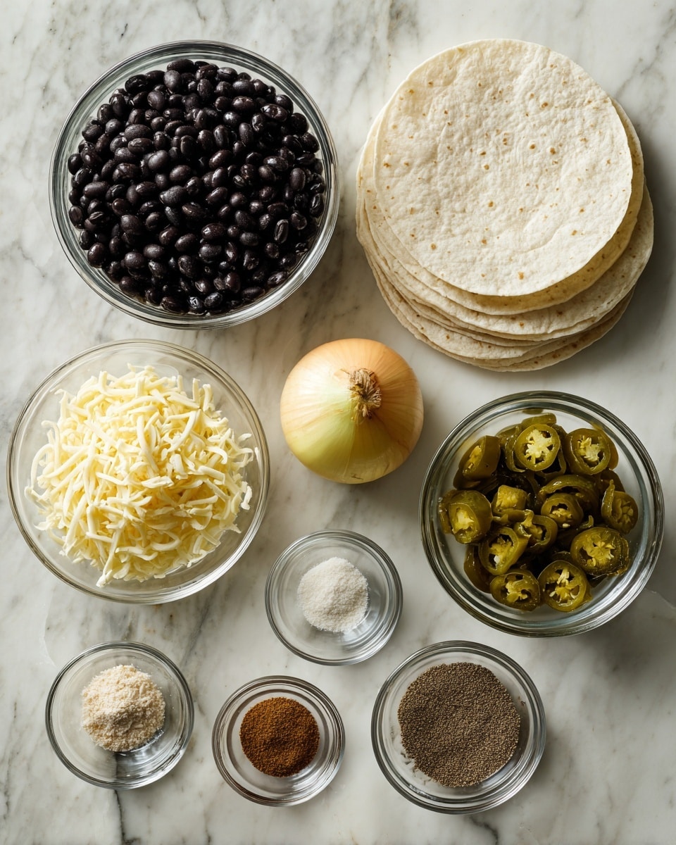 The image shows ingredients arranged neatly on a white marbled surface for making a black bean dish. At the top left is a clear glass cup filled with shiny black beans, and on the right side is a stack of plain white corn tortillas. Below the beans is a small clear bowl filled with shredded Monterey Jack cheese, next to it is a small bowl with green pickled jalapenos sliced into rings. In the center is a whole yellow onion. Around these main ingredients are small clear glass bowls holding light brown chile de Cobán spice, beige garlic powder, white salt, brown cumin, and clear vegetable oil, each spaced evenly to create a clean, organized look. photo taken with an iphone --ar 4:5 --v 7
