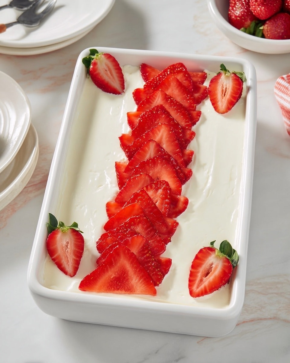 The dish is a rectangular white dish filled with a smooth white creamy layer as the base. On top, there is a single line of bright red, thinly sliced strawberries arranged from the bottom left corner to the top right corner. At each corner of the dish are two half strawberries with green leaves attached, placed neatly. The dish is set on a white marbled surface with some white dishes visible nearby. photo taken with an iphone --ar 4:5 --v 7