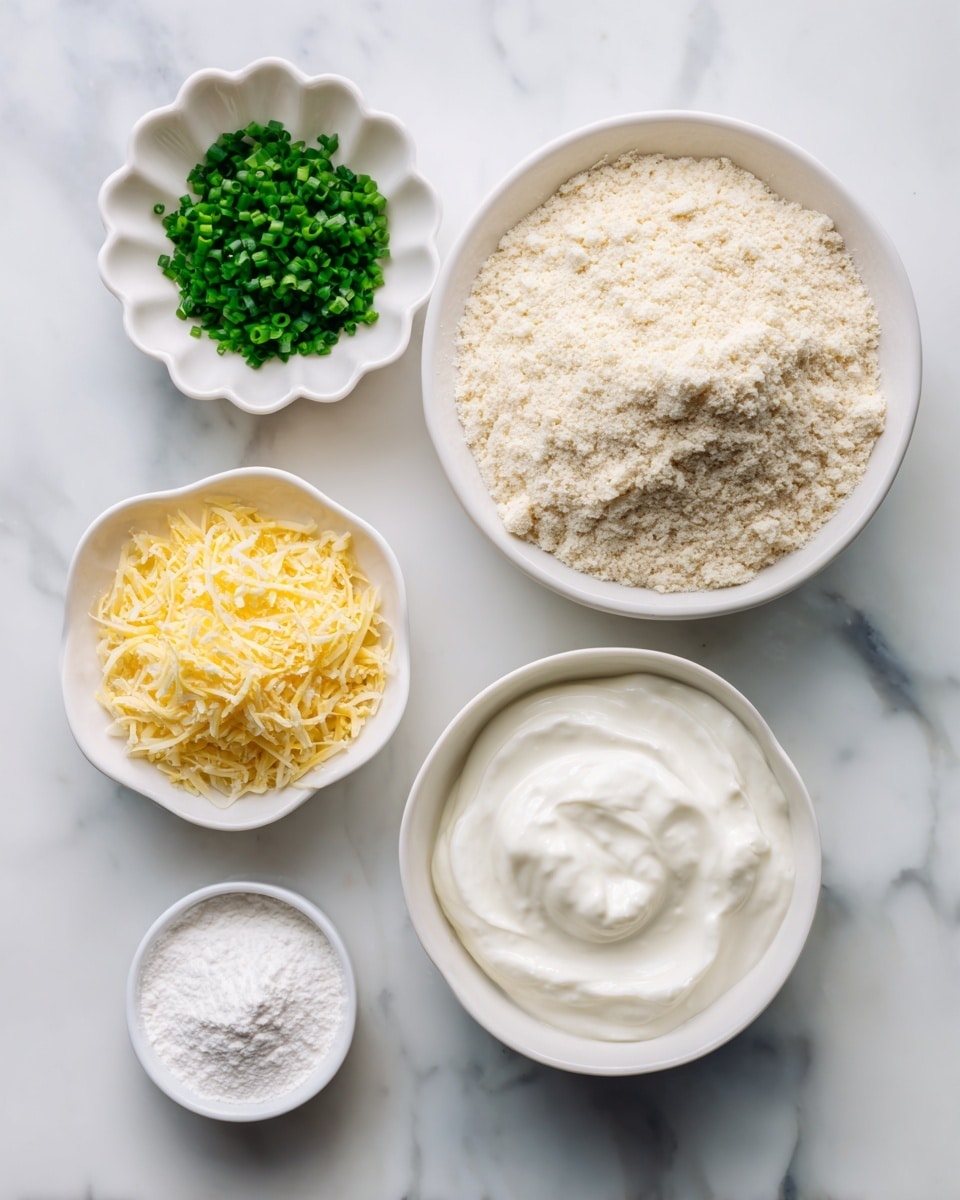 The image shows five white dishes arranged on a white marbled surface. At the top right, there is a larger bowl filled with light beige almond flour that has small clumps. To the left of it is a small scalloped dish holding finely chopped bright green chives. Below the almond flour bowl is a white bowl filled with smooth and creamy white Greek yogurt. To the left of the yogurt is another white bowl with yellow shredded Parmesan cheese, showing a rough texture. At the bottom left is a small white dish containing fine white baking powder. All dishes are simple and clean, each containing a different ingredient. Photo taken with an iphone --ar 4:5 --v 7