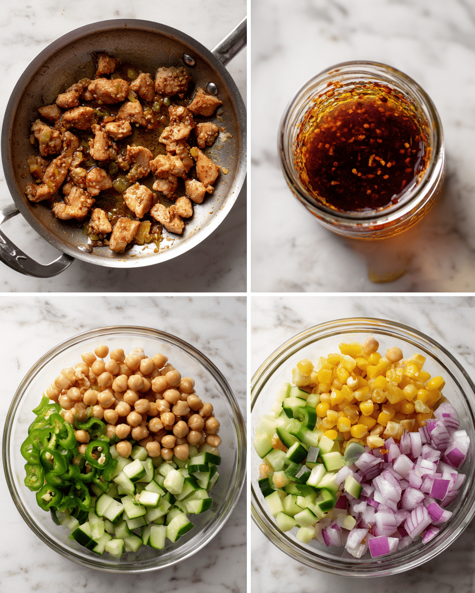 A set of four images shows a cooking process on a white marbled surface. Image one features a silver frying pan with small browned chicken pieces cooking inside. Image two is a top view of a small glass jar filled with a reddish-brown sauce. Image three shows a clear glass mixing bowl containing six separate layers of diced cucumber (dark green), corn kernels (bright yellow), chickpeas (light beige), chopped jalapenos (dark green), diced red onion (purple and white), and diced green bell pepper (light green), neatly arranged side by side. Image four shows the same bowl after all ingredients have been mixed, creating a colorful blend of beige, green, yellow, and purple chunks coated lightly by the sauce. Photo taken with an iphone --ar 4:5 --v 7