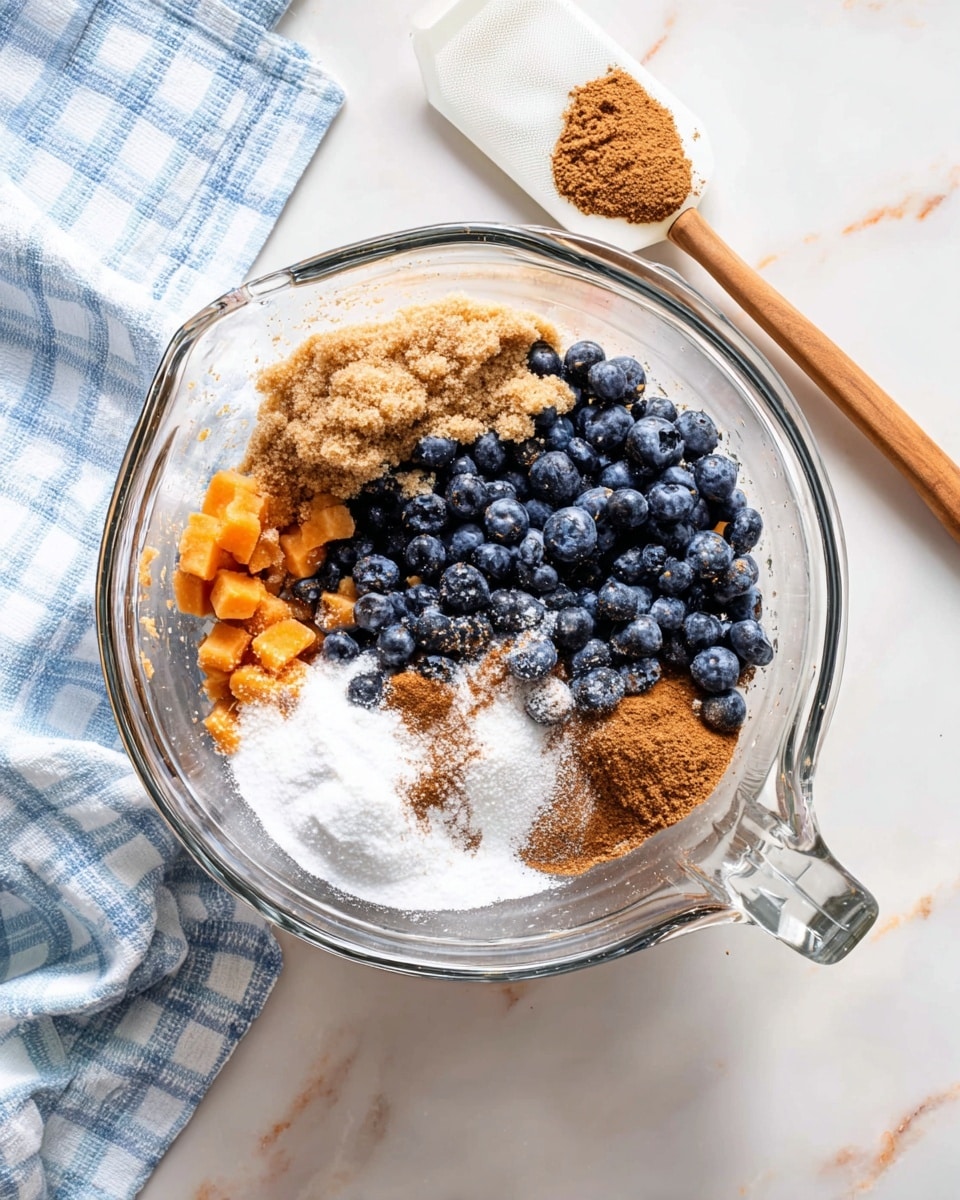 A clear glass mixing bowl with a handle and spout sits on a white marbled surface, filled with layers of ingredients: a clump of light brown sugar on the left side, bright orange chunks underneath, a generous amount of deep blue blueberries mixed and piled on top, white granulated sugar piled on the right side, and a sprinkle of light brown cinnamon powder in the center dusted with a little white flour powder. Next to the bowl on the marble surface is a white spatula and a light blue and white checkered cloth. photo taken with an iphone --ar 4:5 --v 7