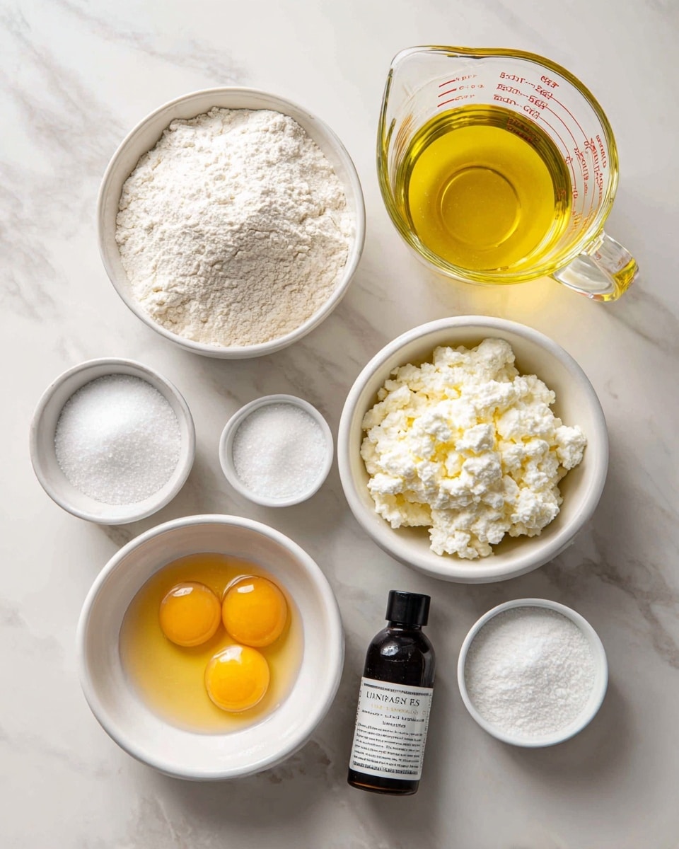 A top-down view of various baking ingredients arranged on a white marbled surface. There are eight white bowls and a small vanilla extract bottle. Starting from the top right, a large clear glass measuring cup filled with yellow vegetable oil is placed. Next, a white bowl containing white all-purpose flour is slightly below it. At the bottom right, a white bowl holds fluffy white ricotta cheese. Near the center, a white bowl is filled with white confectioners' sugar. Above it to the left, a small white bowl with fine white sea salt is placed. Further left is a small white bowl with white baking powder. Below that is another white bowl containing granulated white sugar. At the bottom center-left, a white bowl has three cracked eggs with bright yellow yolks floating in clear egg whites. To the left of the eggs, a small dark bottle labeled vanilla extract sits on the white marbled surface. All items are labeled with bold black text. photo taken with an iphone --ar 4:5 --v 7