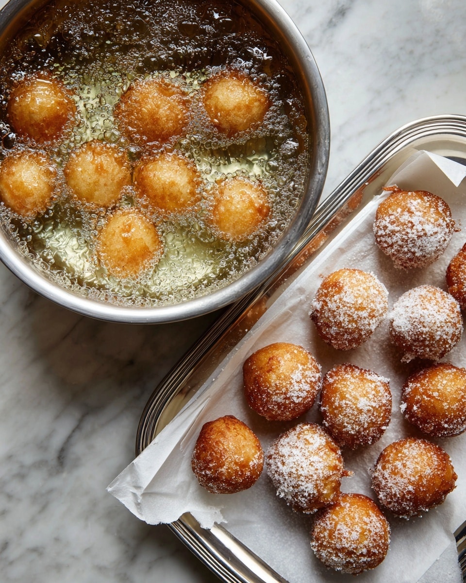 The image shows two parts: on the left, small round dough balls that are golden brown frying in bubbling oil inside a silver pot, with the oil shimmering and the dough balls floating close together. On the right, the cooked dough balls are arranged on white paper lined on a silver tray, evenly spaced and covered lightly with white powdered sugar, showing a slightly crispy darker brown outside. Both scenes are against a white marbled texture background. photo taken with an iphone --ar 4:5 --v 7