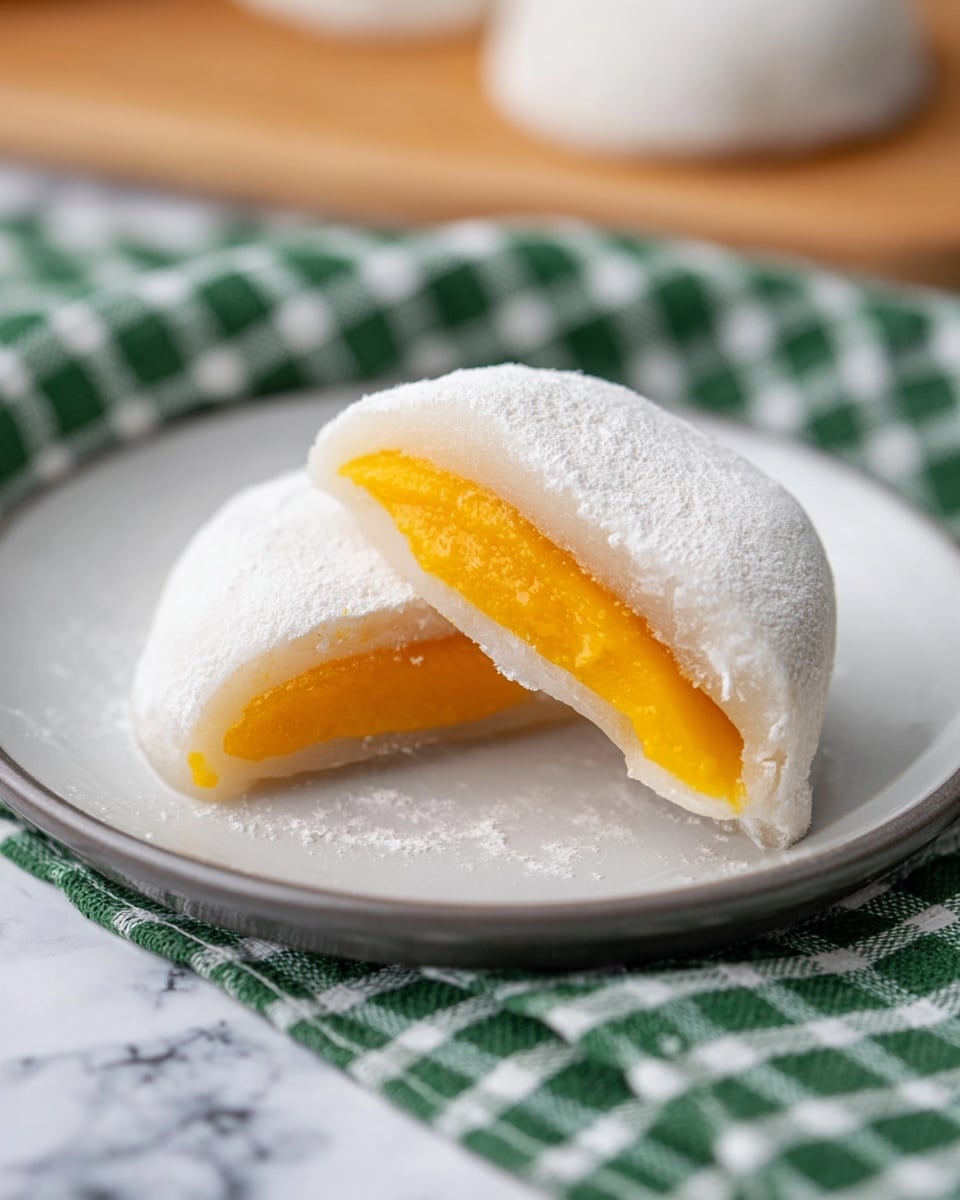 A soft white mochi dough covers a bright, vibrant orange mango filling, sliced in half on a round white plate revealing two layers — the outer powdery white dough layer with a smooth, slightly translucent layer beneath it, and the thick, juicy mango filling center with a rich, pulpy texture. The plate rests on a white marbled surface with a green and white checkered cloth underneath. Photo taken with an iphone --ar 4:5 --v 7