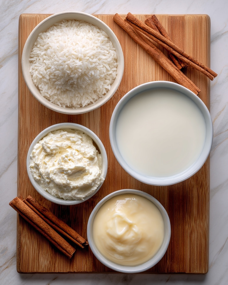 The image shows four small white bowls on a wooden surface with a white marbled texture in the background. The top-left bowl is filled with white rice, showing grains with a slightly translucent texture. Directly to its right is a larger bowl filled with smooth white whole milk, covering the bowl's surface evenly. Below the rice and milk bowls, there's a small bowl of thick white heavy cream on the left and another small bowl filled with pale yellow, thick condensed milk on the right. Two cinnamon sticks lie diagonally on the lower left of the frame, next to the heavy cream bowl. photo taken with an iphone --ar 4:5 --v 7